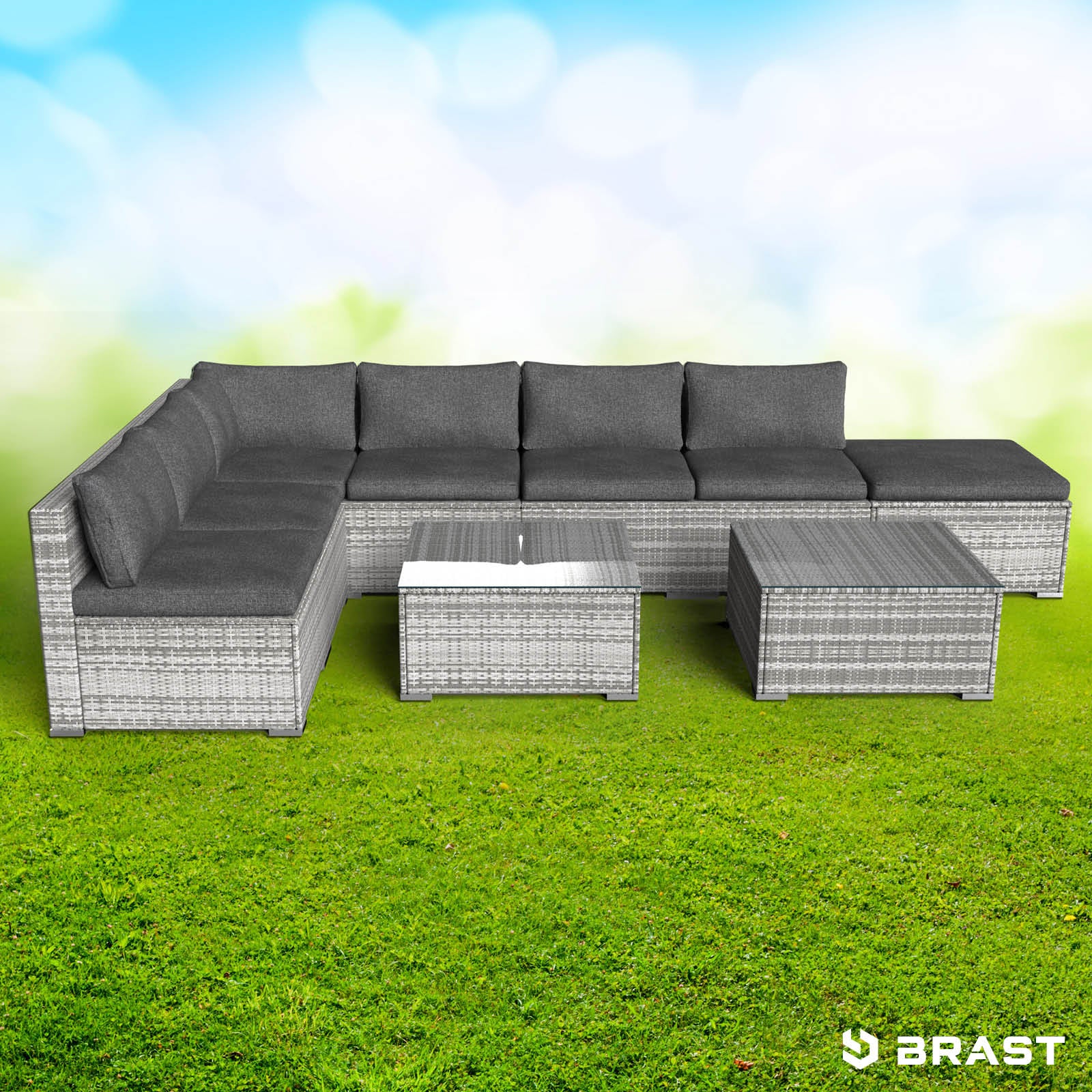 Grau meliertes Polyrattan Loungemöbel Set mit großen Sitzflächen, Garten Lounge Möbel mit Kissen und Tisch.