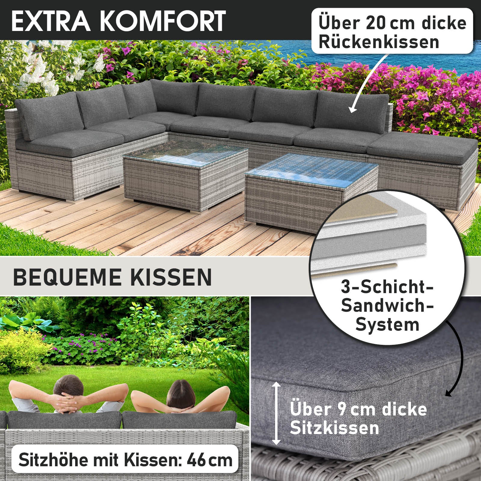 Graues Polyrattan Lounge Gartenmöbel Set mit XL Sitzelementen und dicken Sitz- und Rückenkissen.