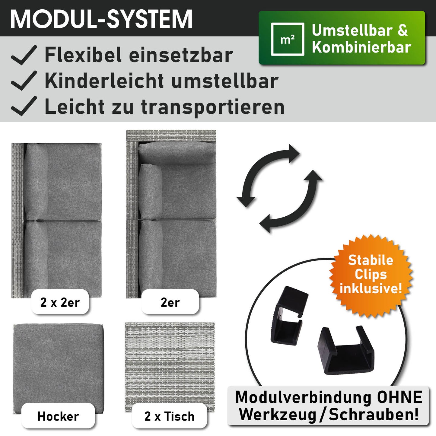 Modulares graues Polyrattan Lounge Gartenmöbel set mit flexiblem 2-Sitzer, Hocker und Tischen, stabile Clips inklusive.