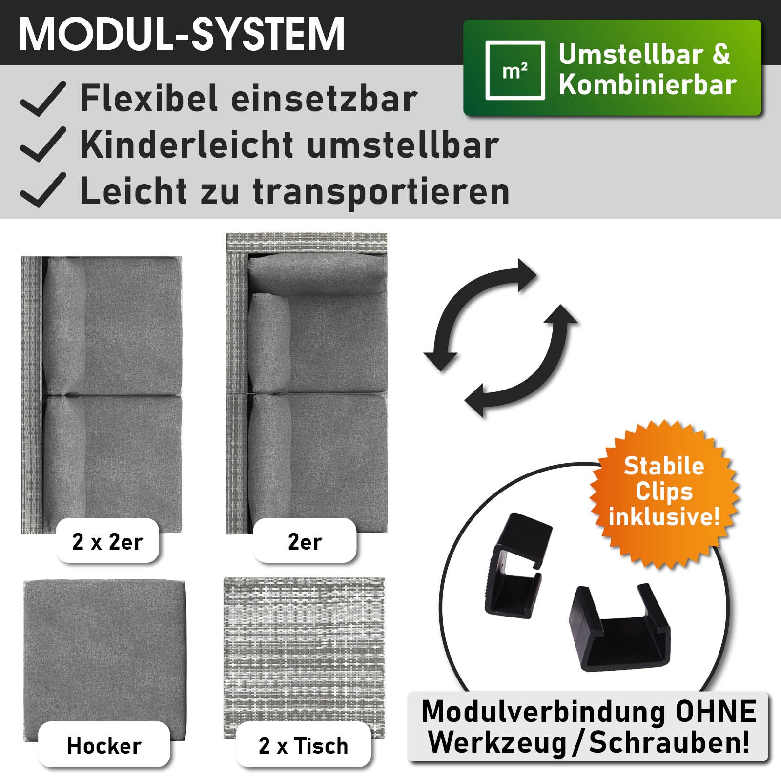 Modulares graues Polyrattan Lounge Gartenmöbel set mit flexiblem 2-Sitzer, Hocker und Tischen, stabile Clips inklusive.