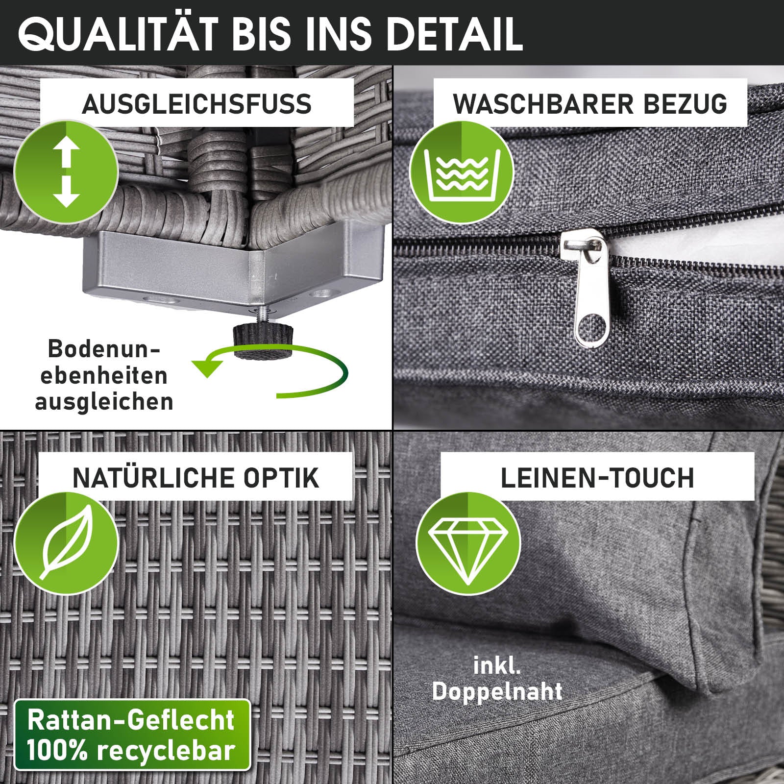 Graues Polyrattan Loungemöbel Set mit waschbarem Bezug und höhenverstellbaren Füßen, Garten Lounge Möbel.