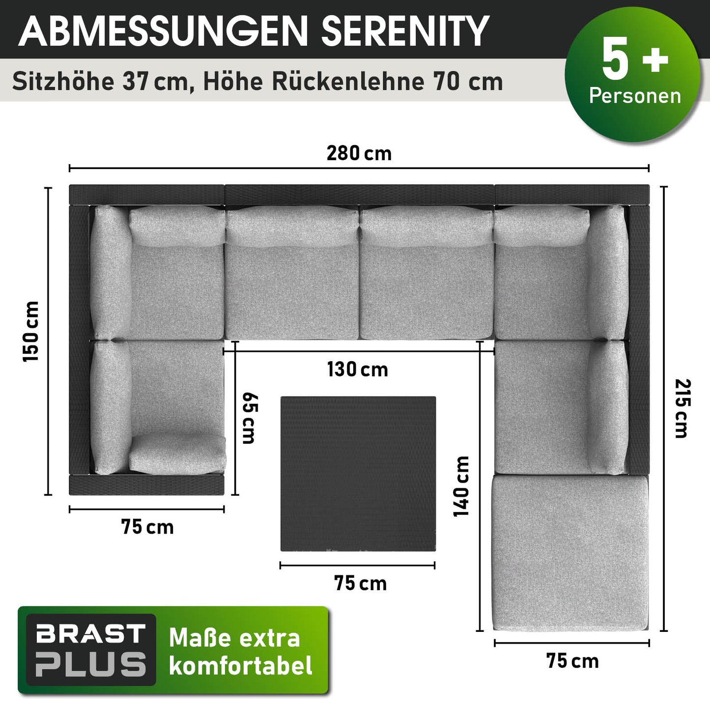 Schwarzes Rattan Lounge Gartenmöbel Set mit Polster, L-förmige Loungemöbel für 5+ Personen.
