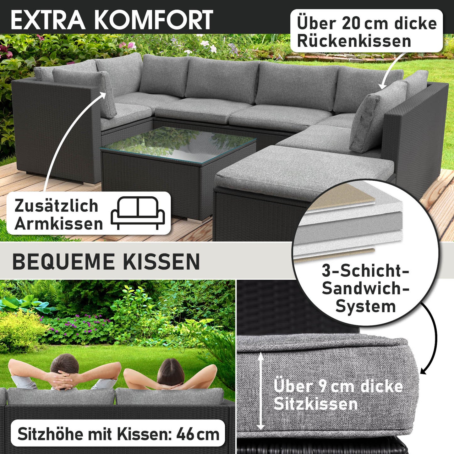 Schwarzes Rattan Lounge Gartenmöbel-Set mit grauen Polstern und extra dicken Sitz- und Rückenkissen, Loungemöbel für Garten.