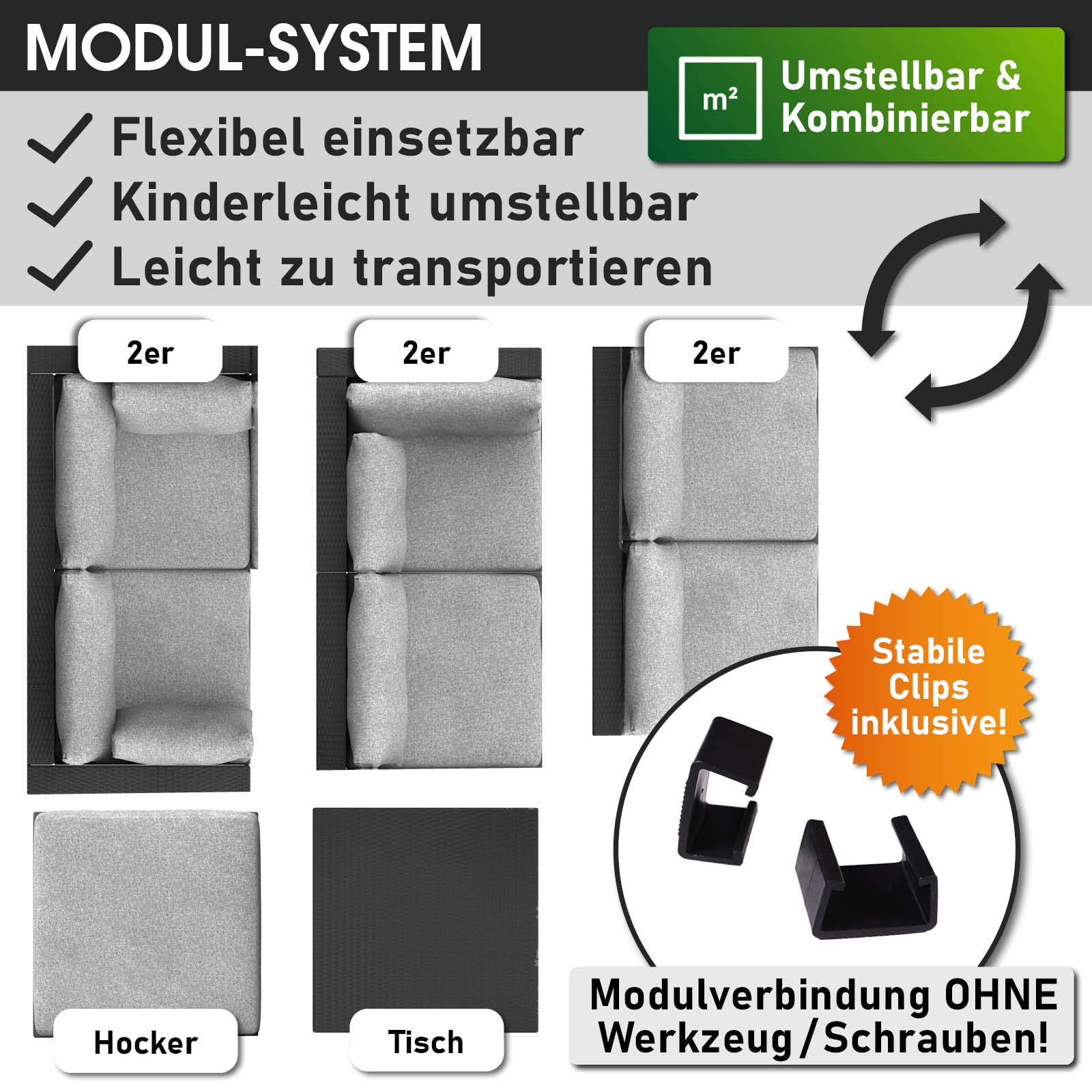 Modularer rattan lounge gartenmöbel set mit grauen Polstern, flexible loungemöbel mit Hocker und Tisch, schwarze Clips für.
