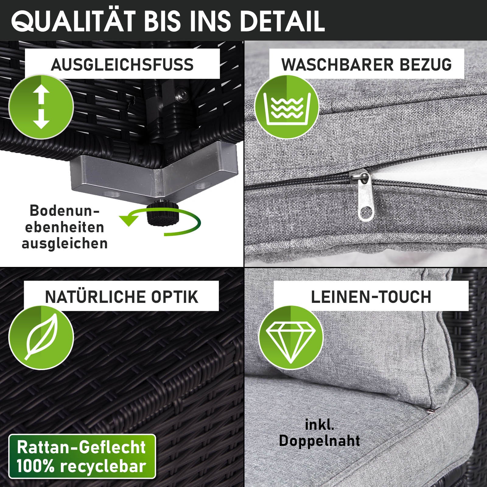 Schwarzes Rattan Lounge Gartenmöbel Set mit verstellbaren Ausgleichsfüßen und waschbaren grauen Bezügen, loungemöbel mit.