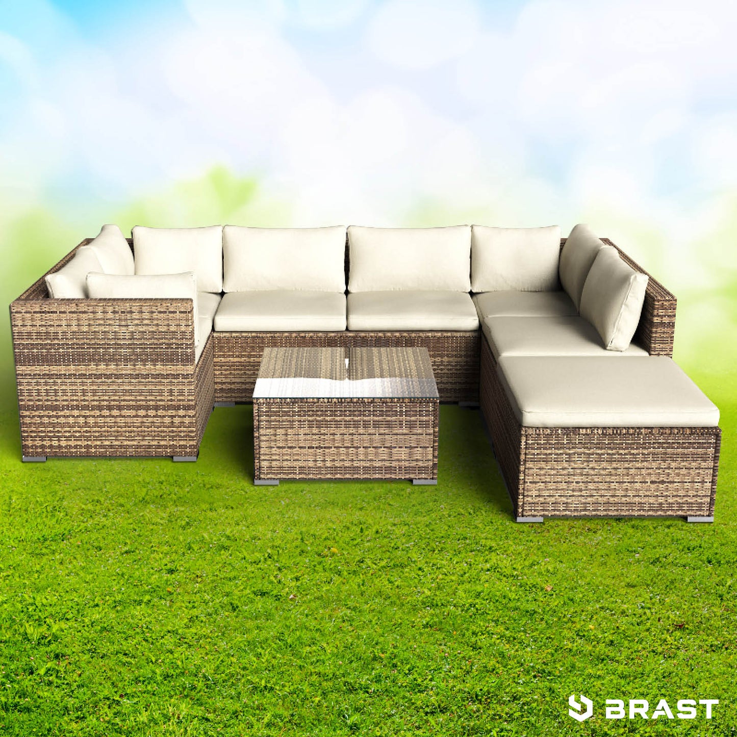 Braunes Rattan Lounge Gartenmöbel Set mit cremefarbenen Polstern, Loungemöbel für Garten.
