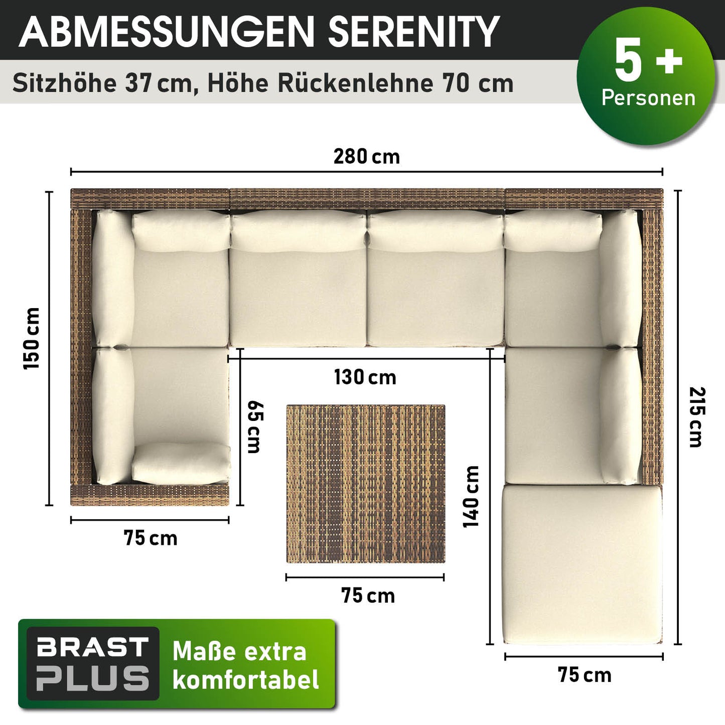 Braunes Rattan Lounge Gartenmöbel Set mit cremefarbenen Polstern, großes Loungemöbel für 5+ Personen.