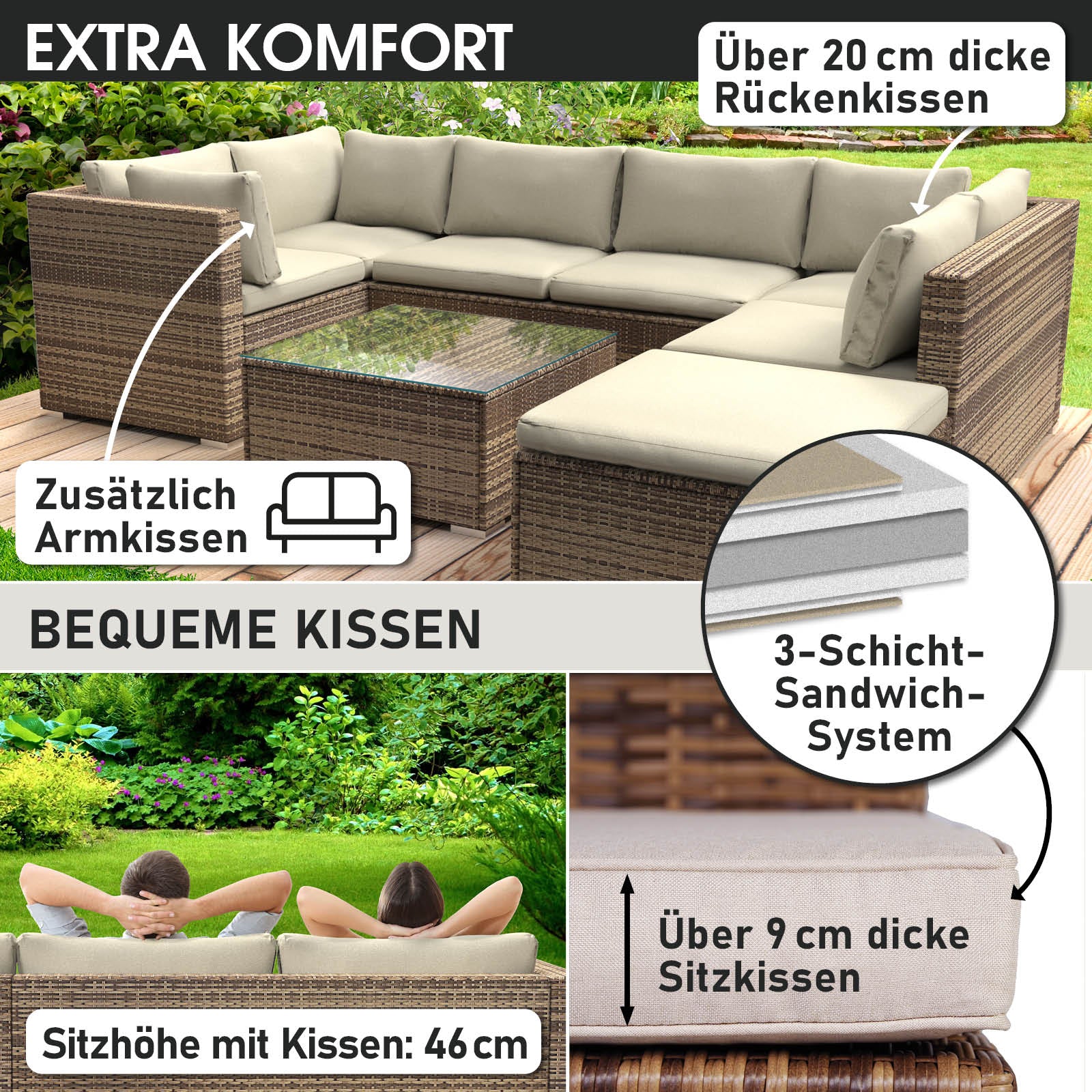 Braunes Rattan Lounge Gartenmöbel Set mit dick gepolsterten Kissen und extra Komfort Loungemöbel.