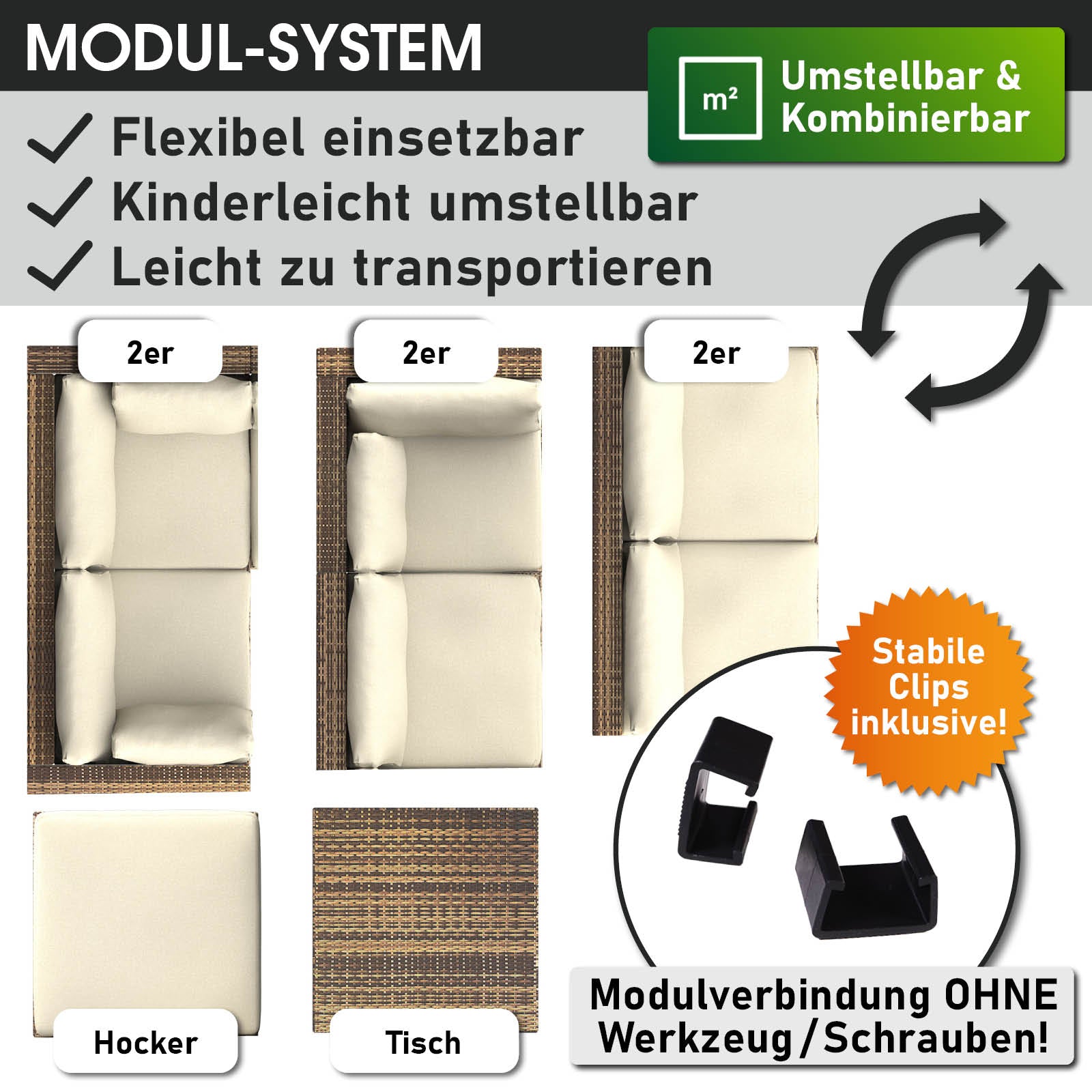 Braunes Rattan Lounge Gartenmöbel Loungemöbel Set mit modularem 2er Sofa, Hocker und Tisch.