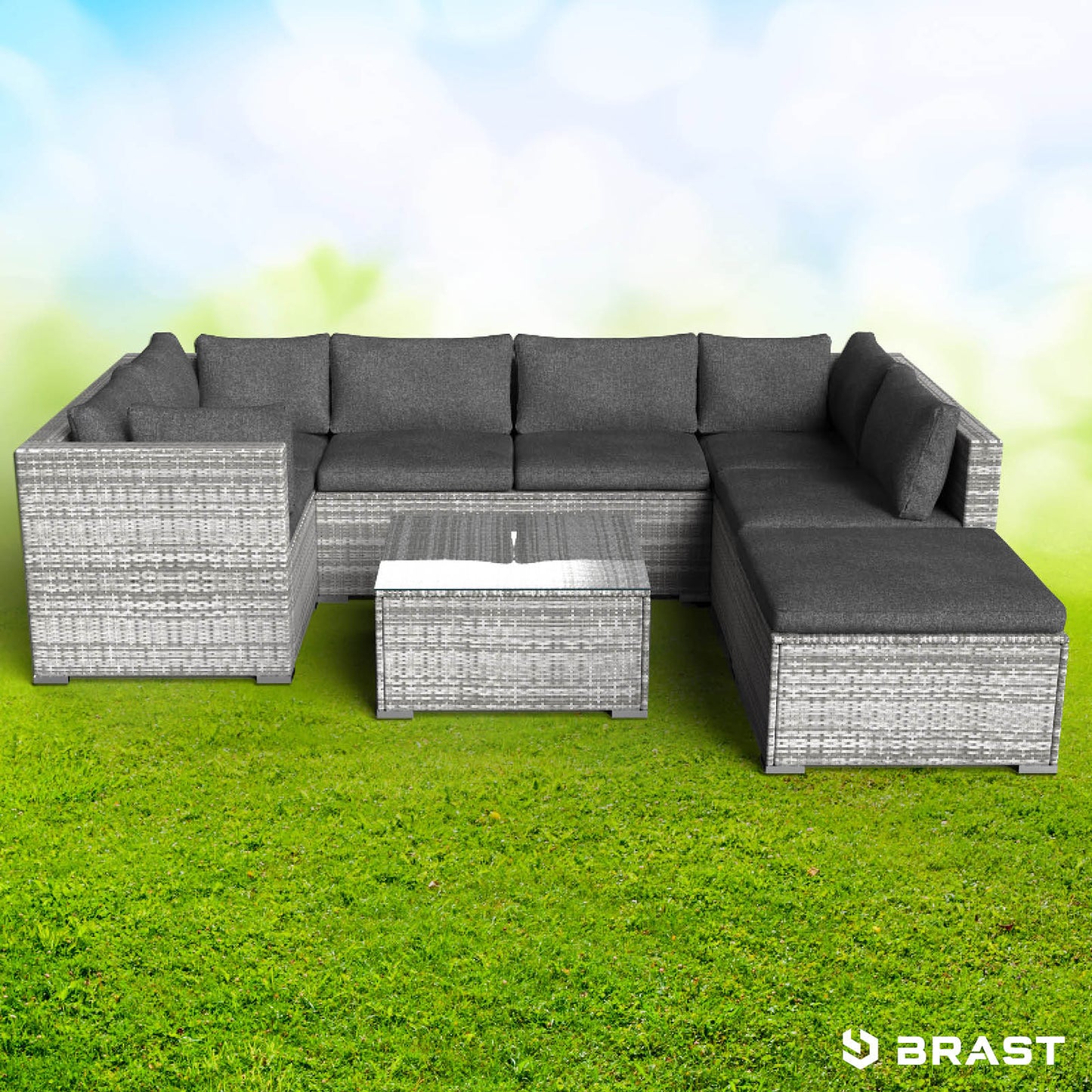 Grau-weißes Rattan Lounge Gartenmöbel Set mit grauen Kissen, modernes Loungemöbel für Außenbereich.