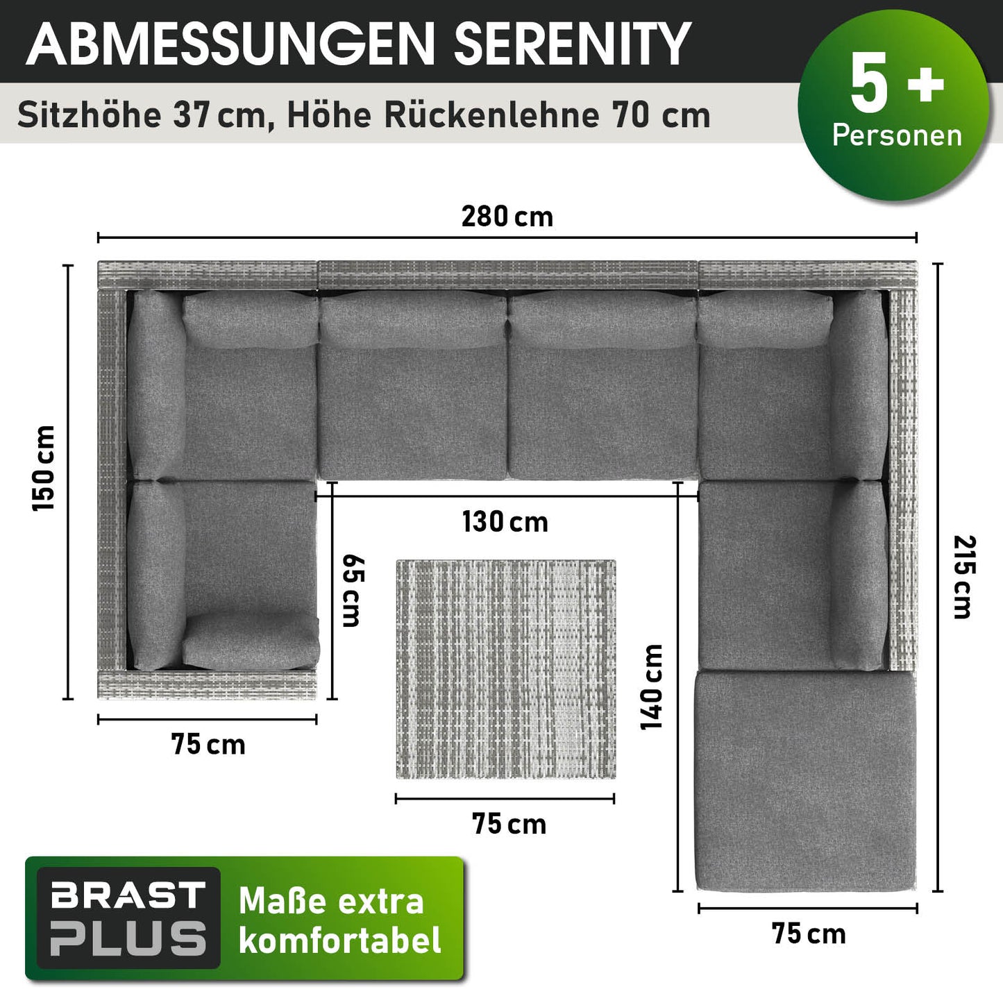 Grau Polyrattan Loungemöbel Set mit L-förmiger Garten Lounge und passendem Teppich.