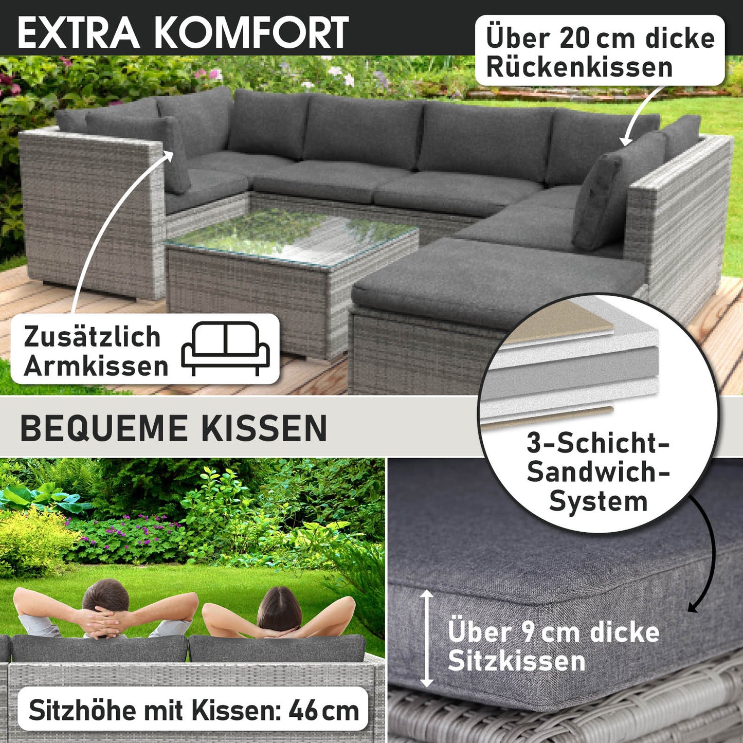 Graues Rattan Lounge Gartensofa mit dick gepolsterten Rücken- und Sitzkissen, Loungemöbel Set.