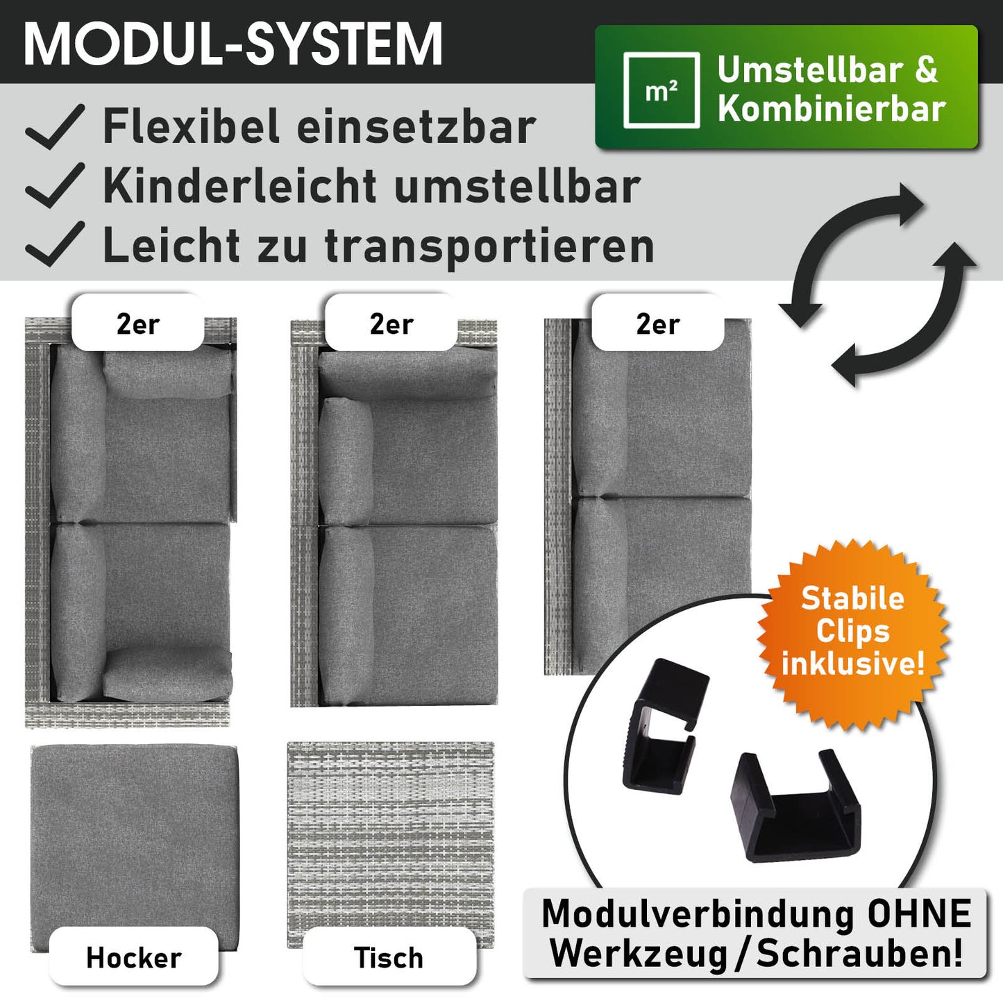 Graues Lounge Gartenmöbel Set aus Rattan mit modularen Elementen und klammern für flexible Verbindung.