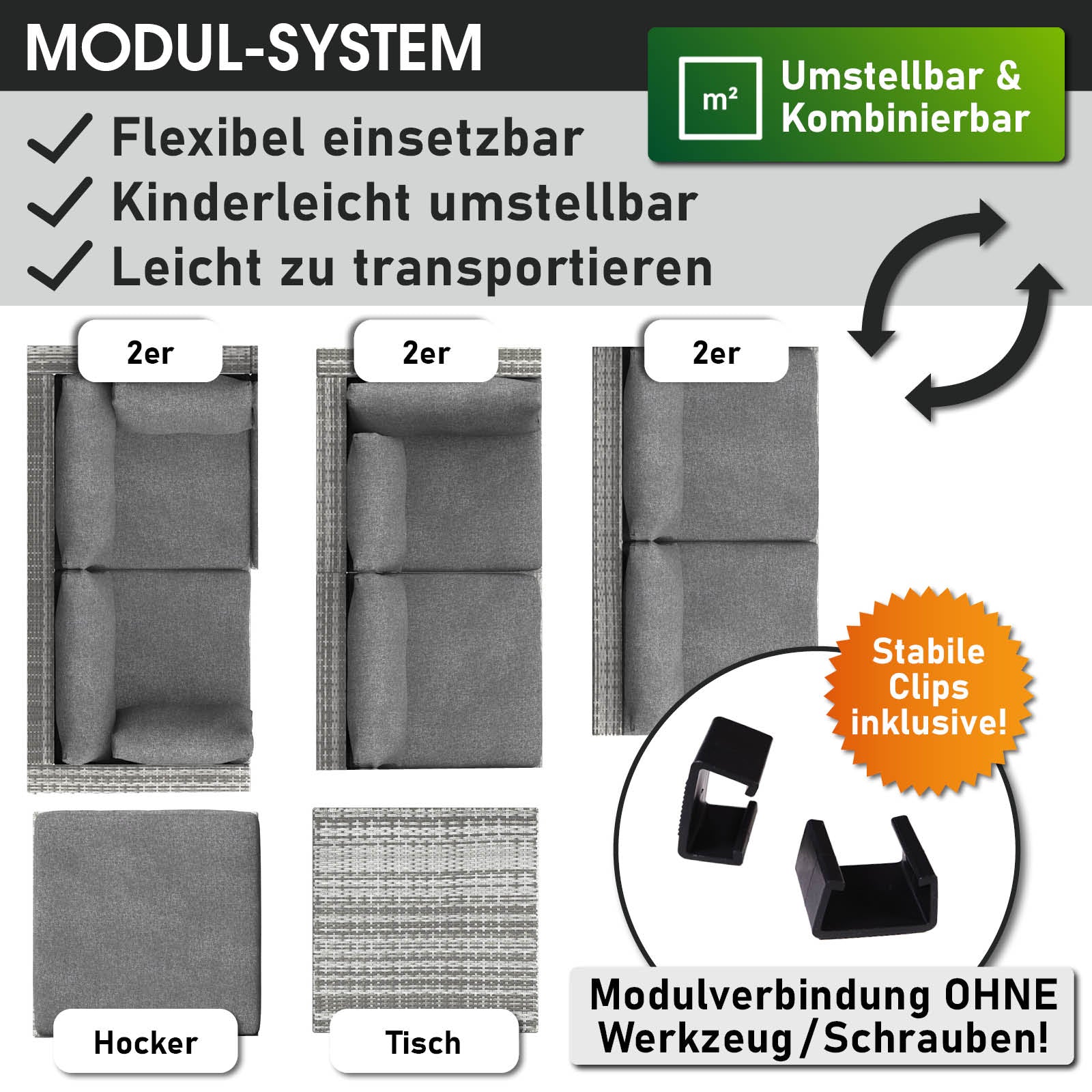 Graues Lounge Gartenmöbel Set aus Rattan mit modularen Elementen und klammern für flexible Verbindung.