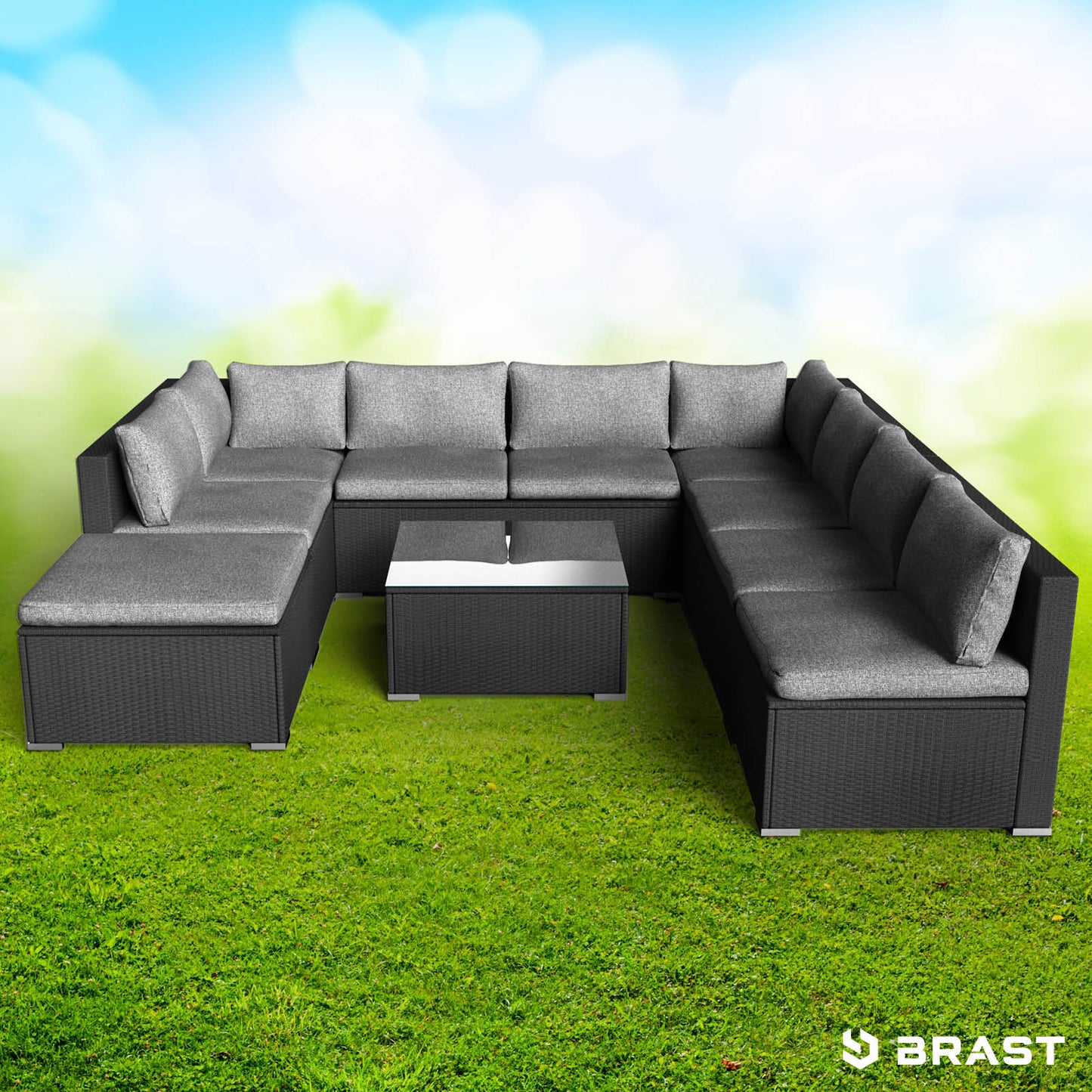 Schwarzes Rattan Loungemöbel Set mit grauen Kissen, große Garten Lounge Möbel für viele Sitzplätze.