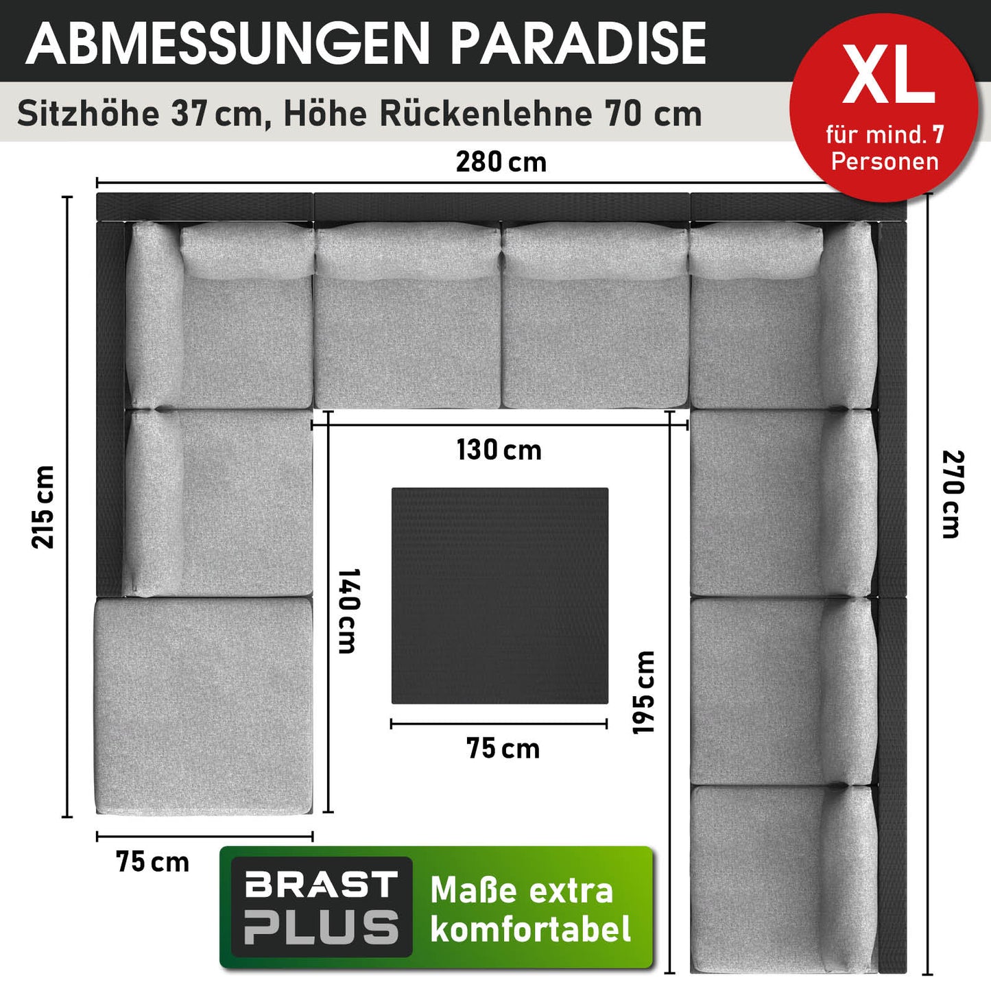 Schwarzes XL Rattan Lounge Gartenmöbel Set mit Sitzkissen, L-förmige Lounge Gartenmöbel für 7 Personen.