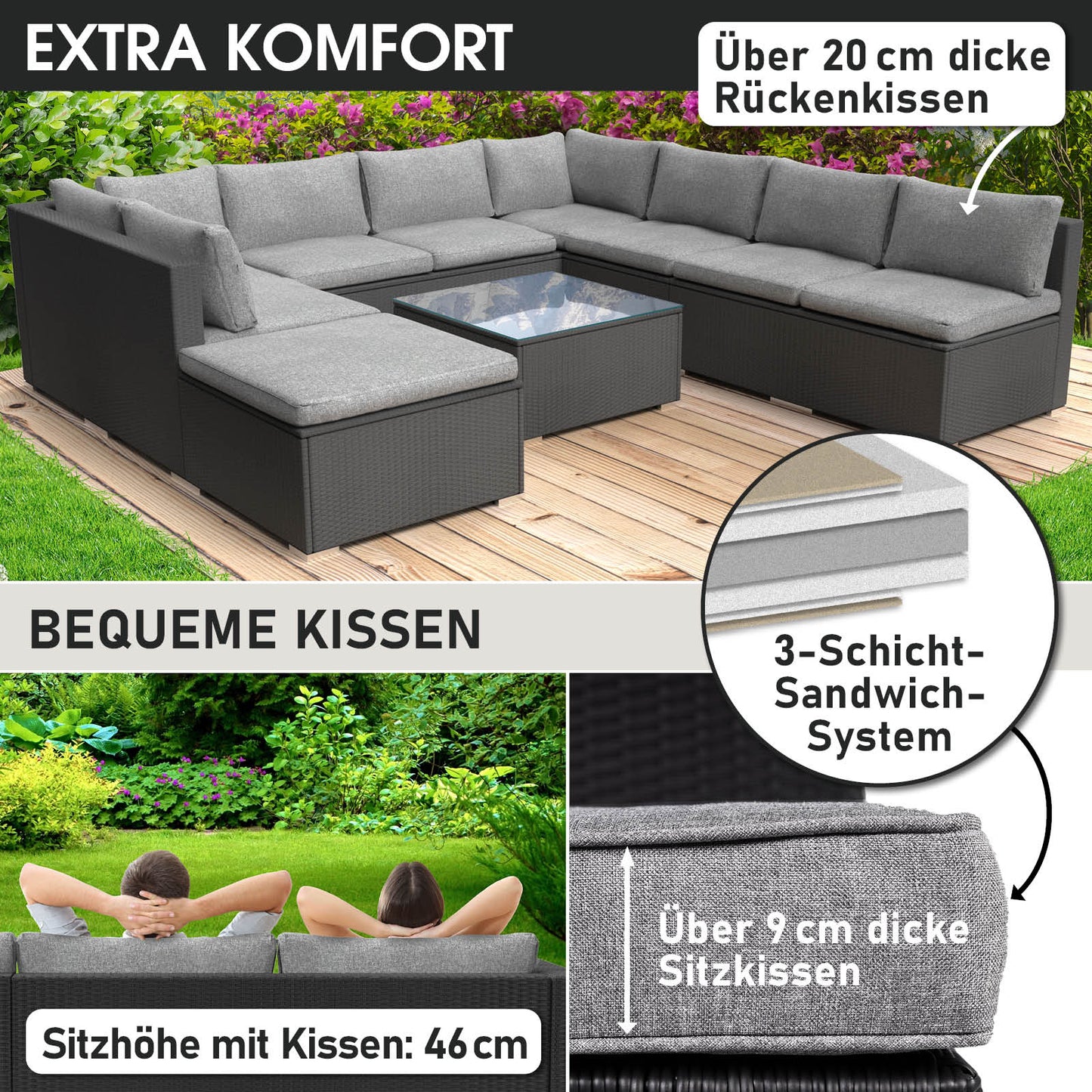 Schwarzes XL Rattan Loungemöbel Set mit dicken grauen Sitz- und Rückenkissen, Garten Lounge Möbel.