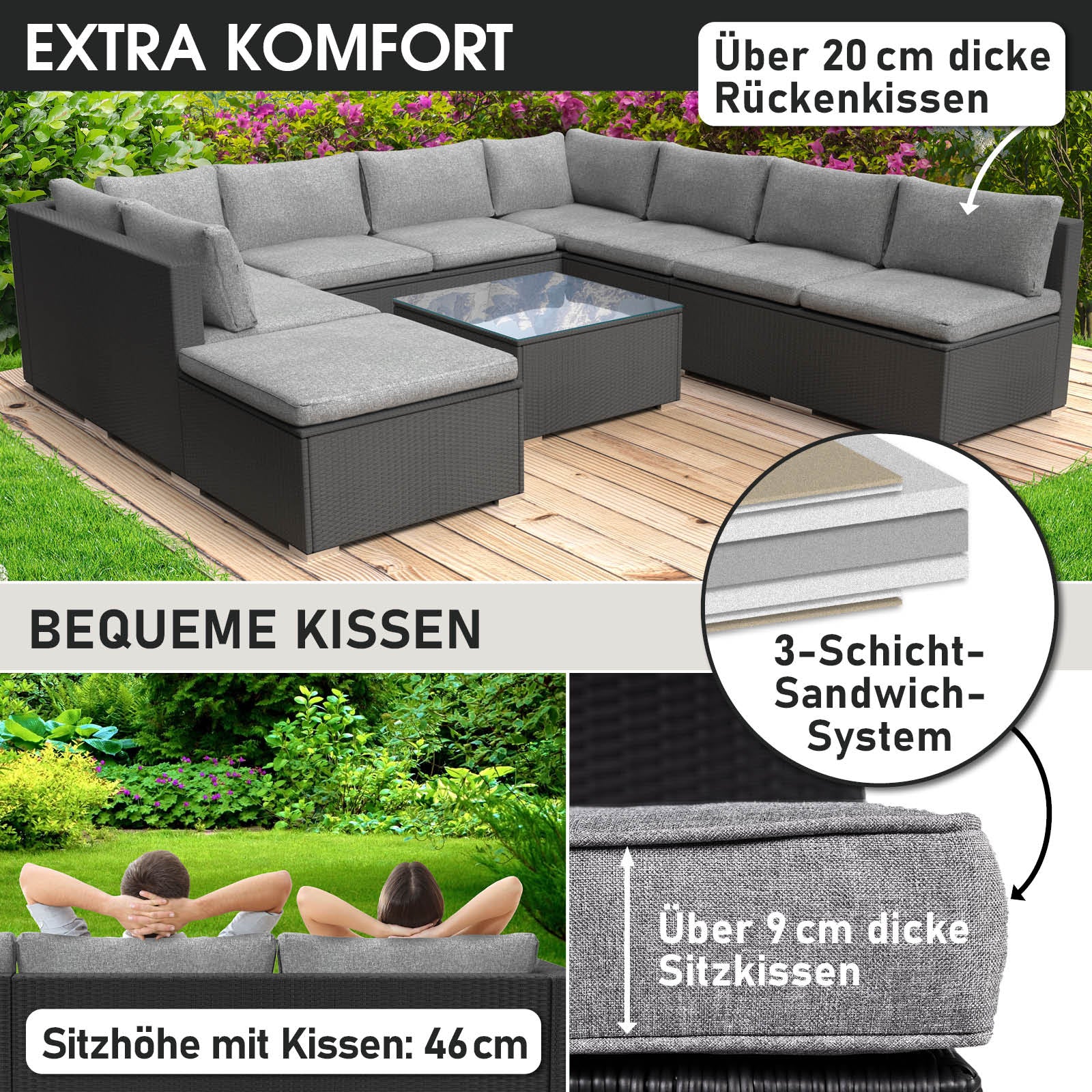 Schwarzes XL Rattan Loungemöbel Set mit dicken grauen Sitz- und Rückenkissen, Garten Lounge Möbel.