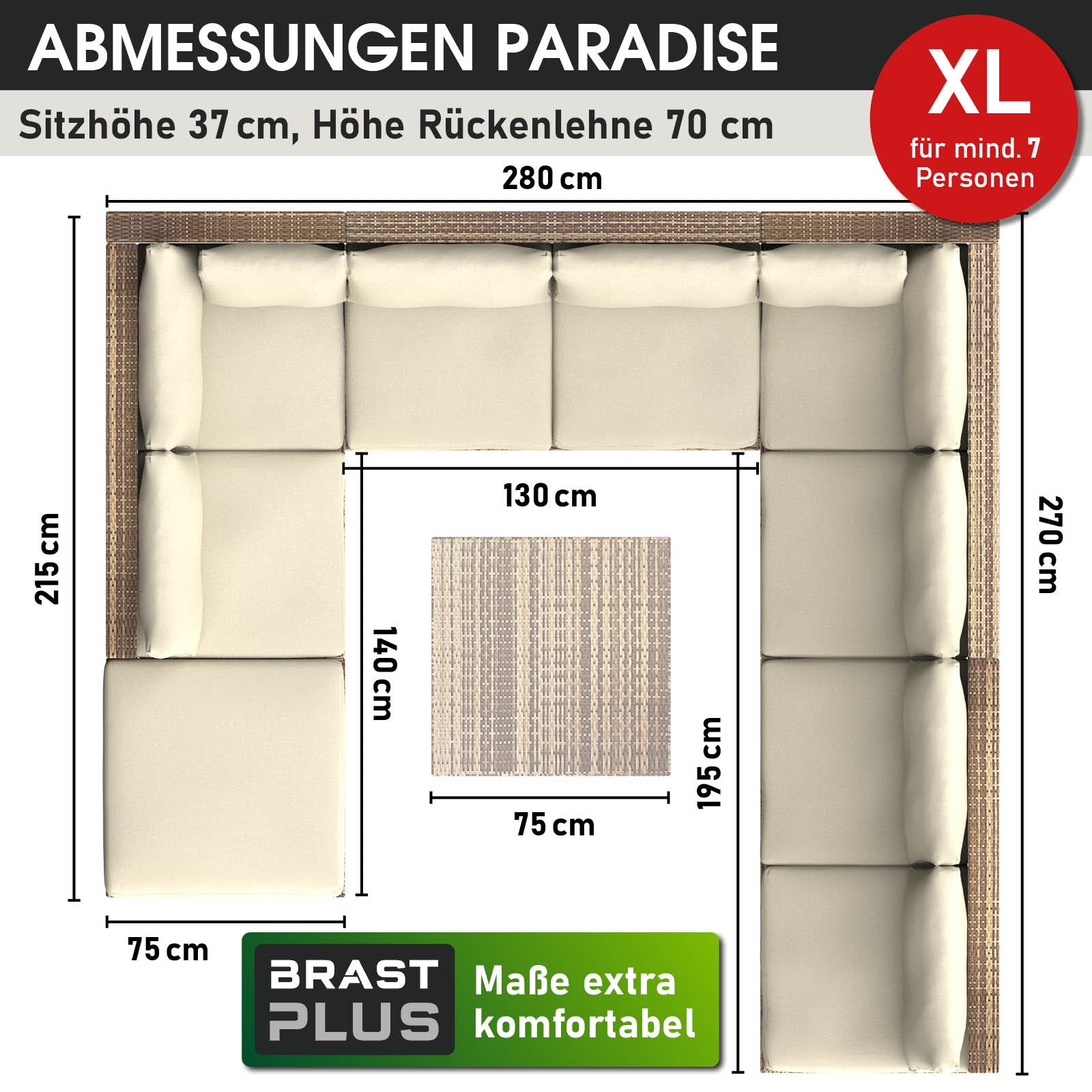 Braunes XL Rattan Loungemöbel Set mit Polstern und Teppich für Garten Lounge Möbel.