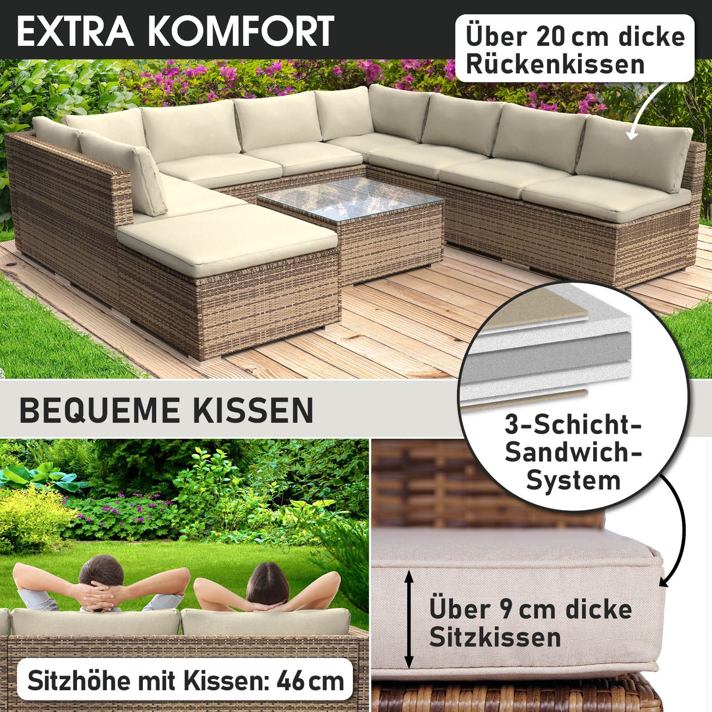 Braunes XL Rattan Lounge Gartenmöbel-Set mit 20 cm dicken Rückenkissen und bequemen Sitzkissen.