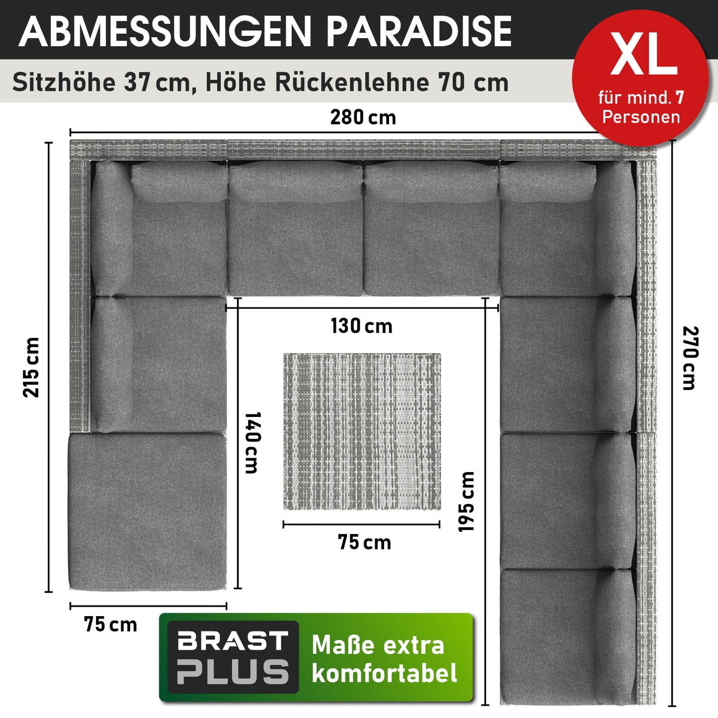 Grau gepolstertes XL Loungemöbel Set aus Rattan mit großem Lounge Gartenmöbel in U-Form.