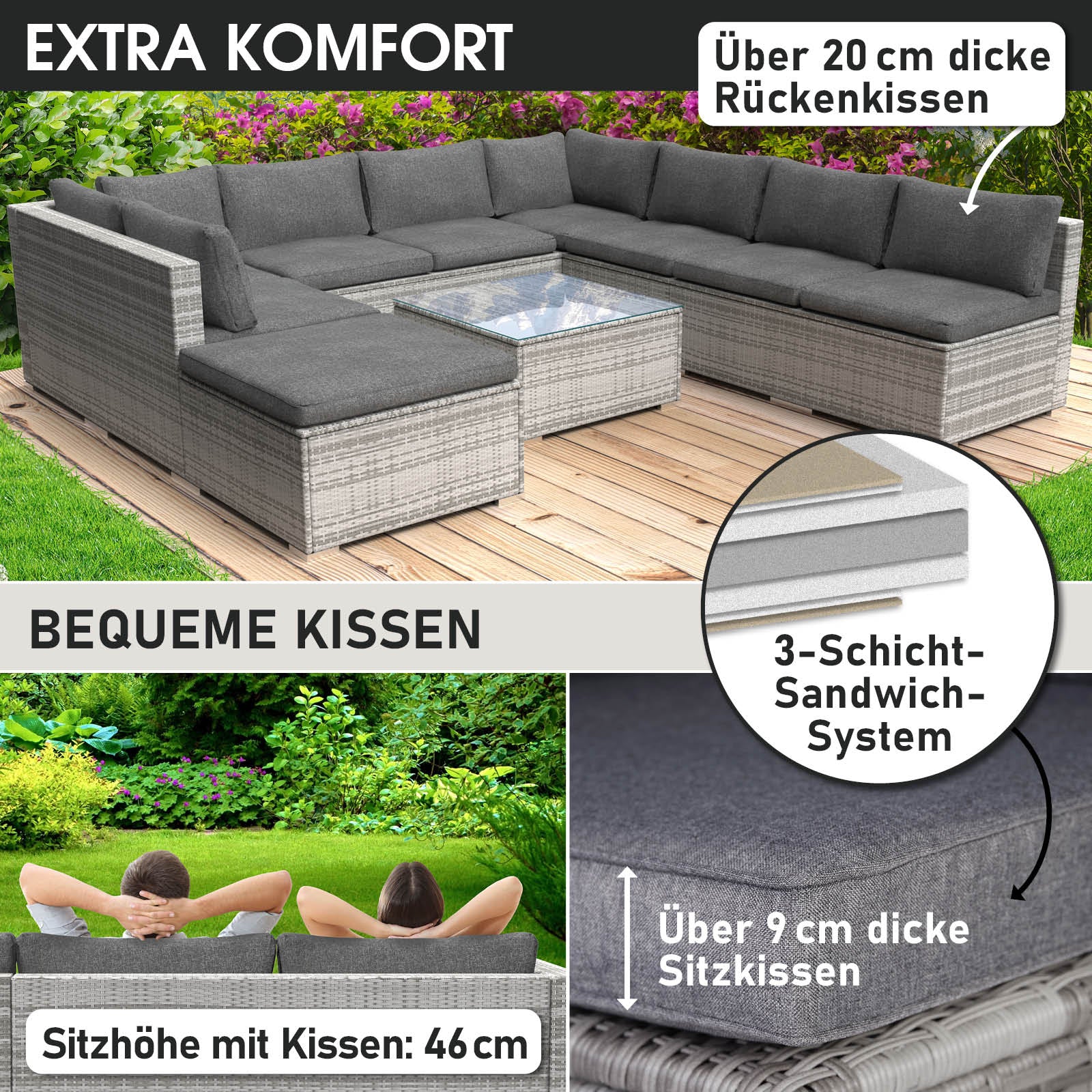 Graues XL Rattan Lounge Gartenmöbel Set mit über 20 cm dicken Rückenkissen und 9 cm Sitzkissen.