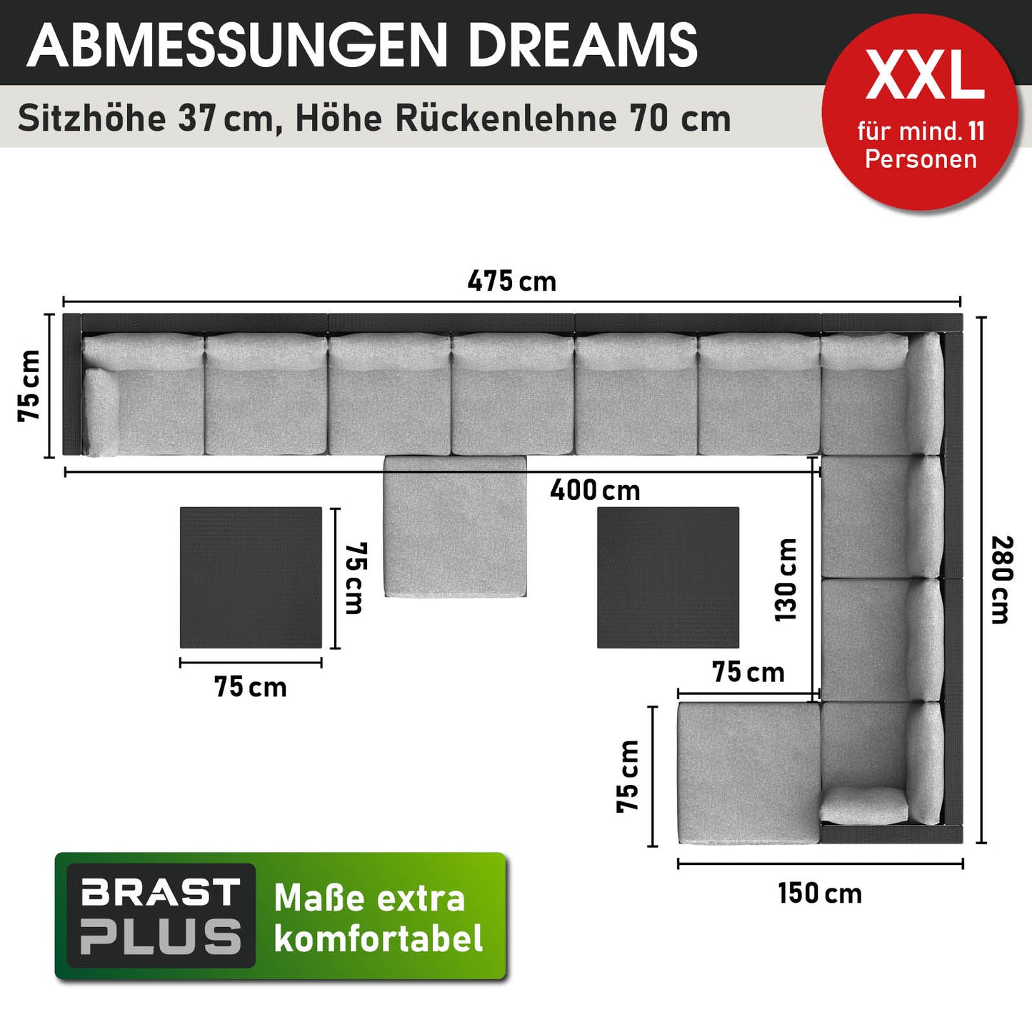 Schwarzes XXL Polyrattan Loungemöbel Set mit großzügiger L-Form, ideal als Garten Lounge Möbel.