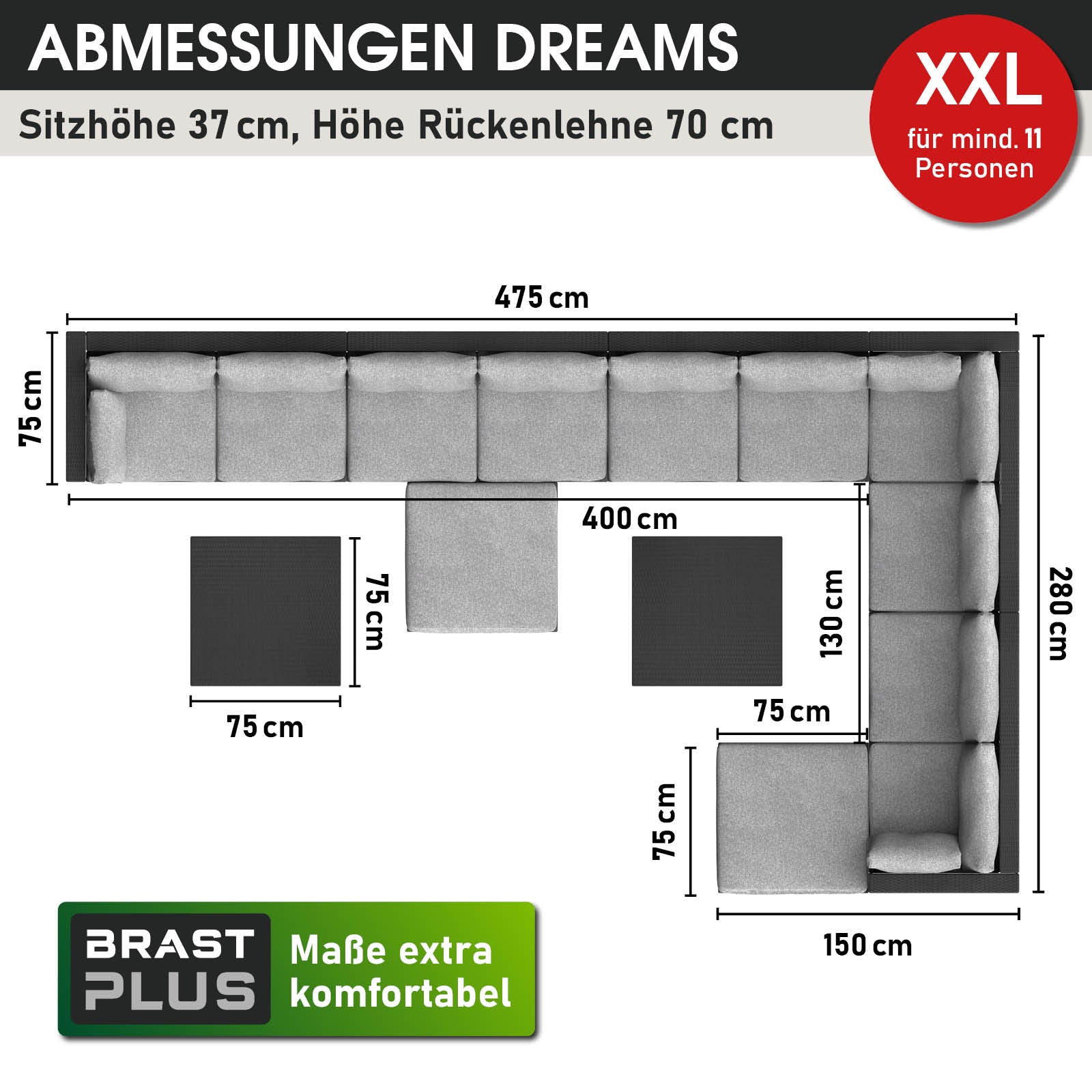 Schwarzes XXL Polyrattan Loungemöbel Set mit großzügiger L-Form, ideal als Garten Lounge Möbel.