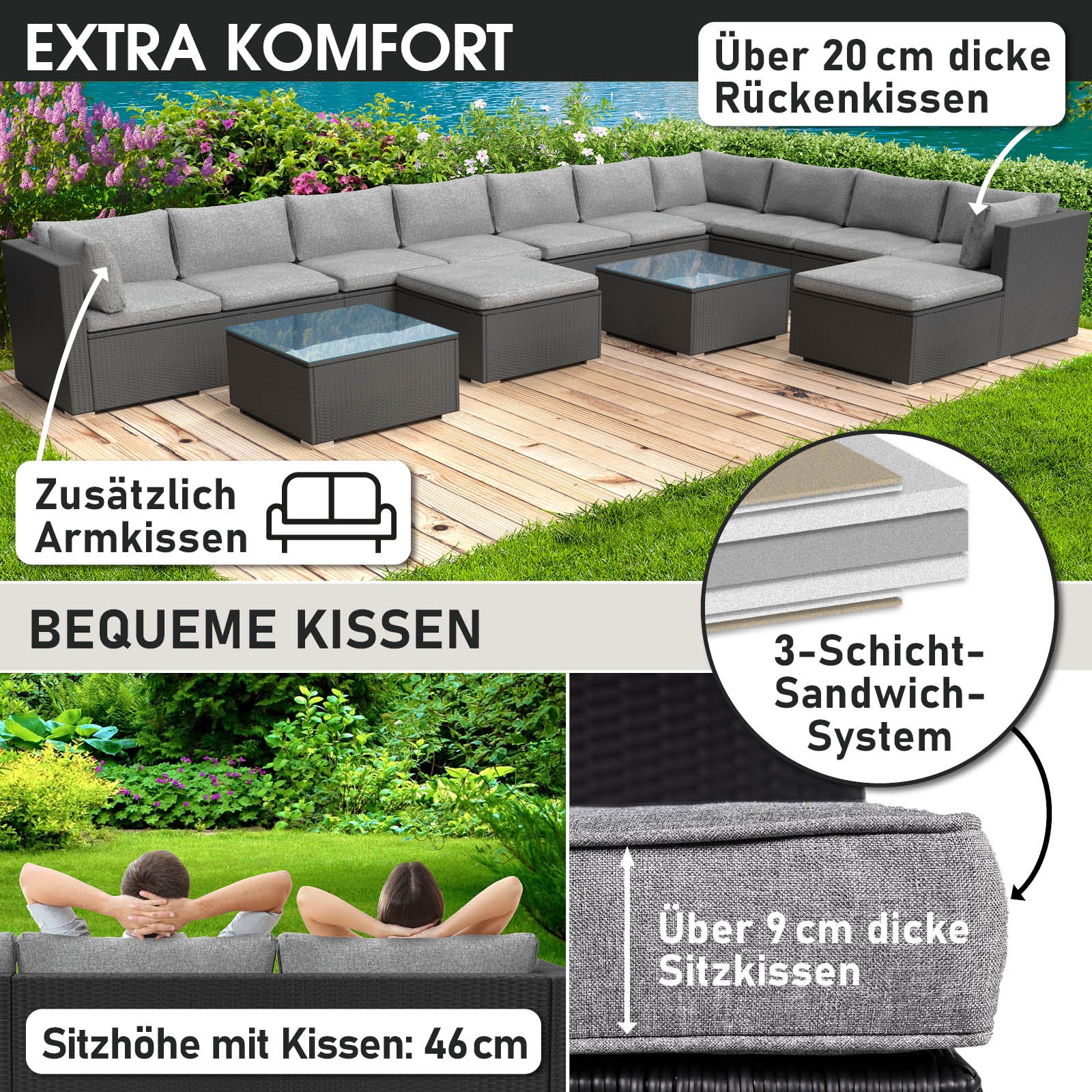XXL Polyrattan Lounge Gartenmöbel Set in Schwarz mit grauen, dicken Sitz- und Rückenkissen, modulare Rattan Lounge.