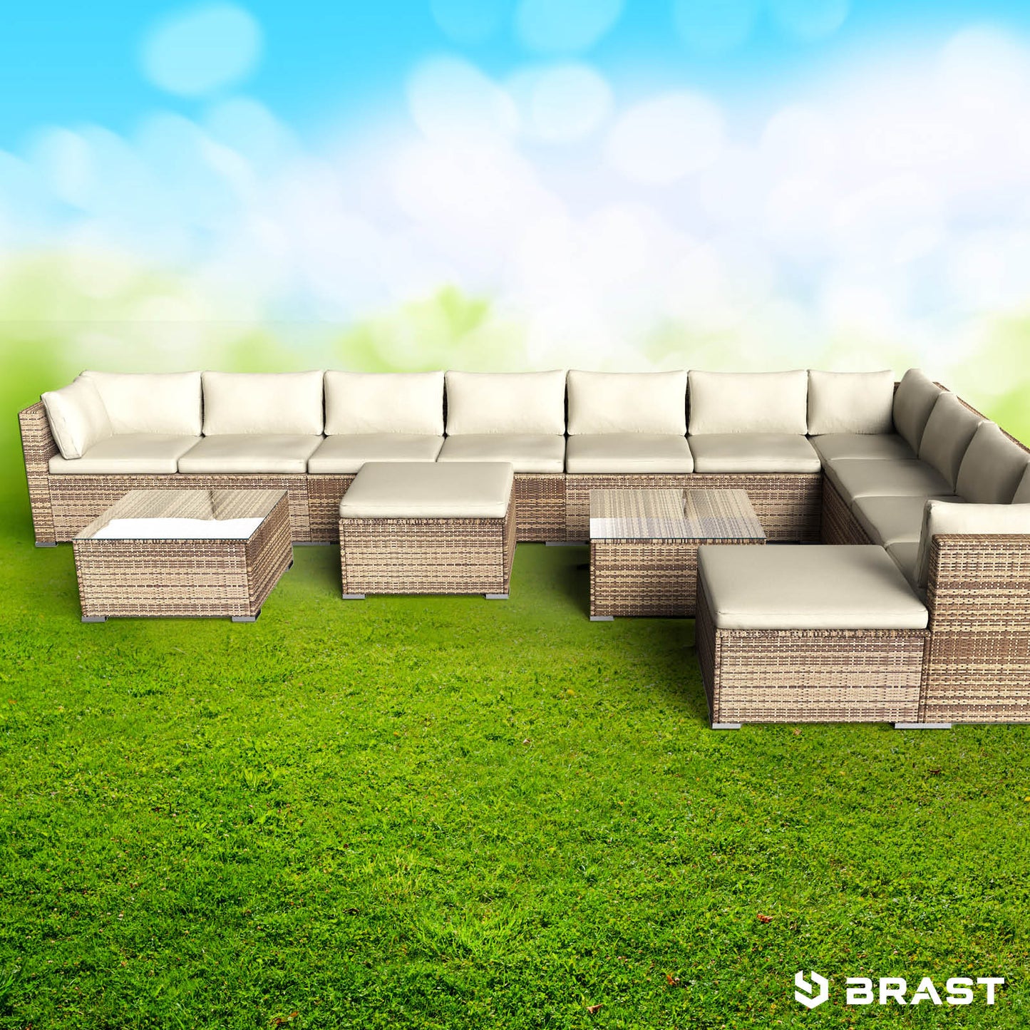 XXL Polyrattan loungemöbel set in Braun mit cremefarbenen Kissen, rattan lounge gartenmöbel.