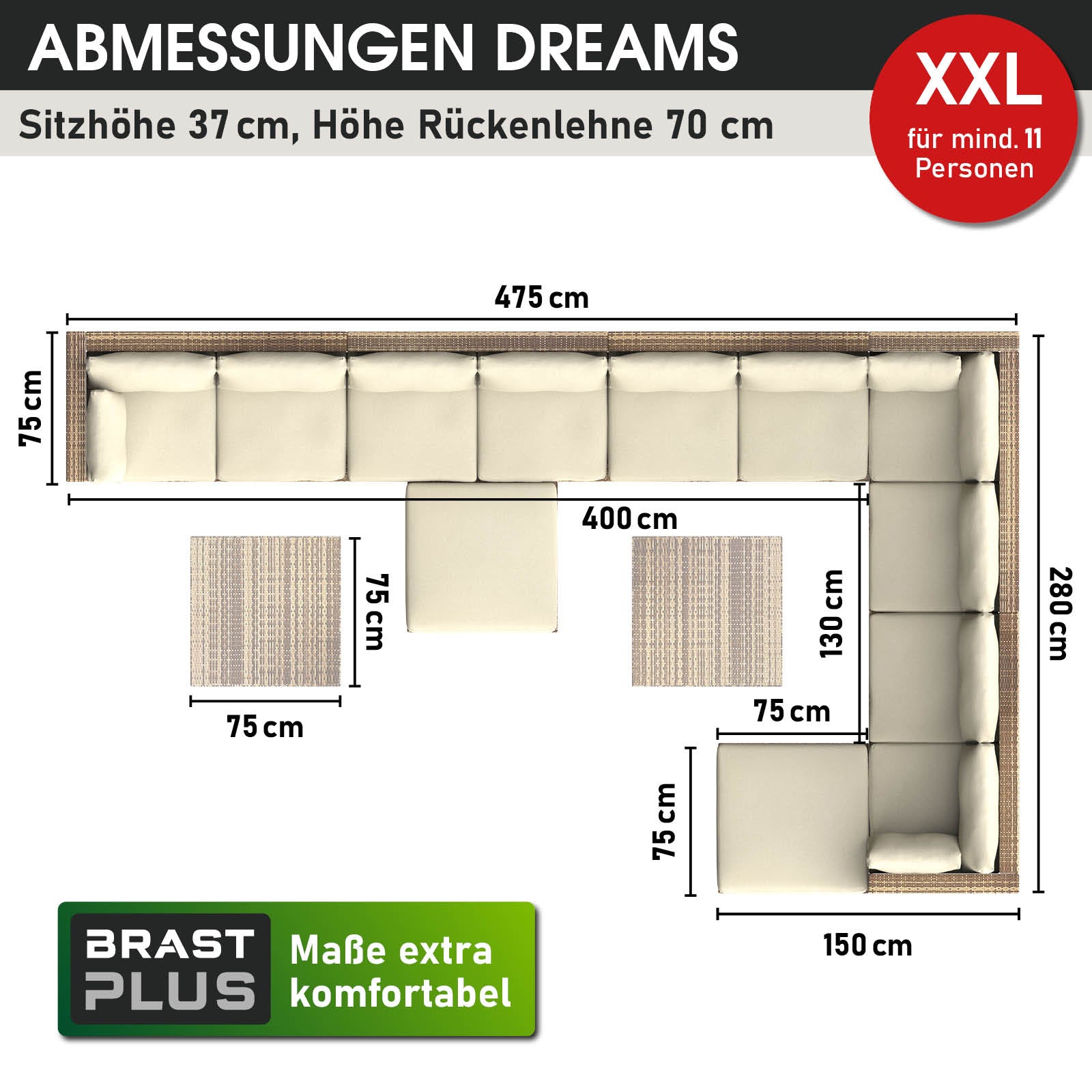 Braune XXL Polyrattan Lounge mit U-förmigem Loungemöbel Set, Garten Lounge Möbel fürs Freie.