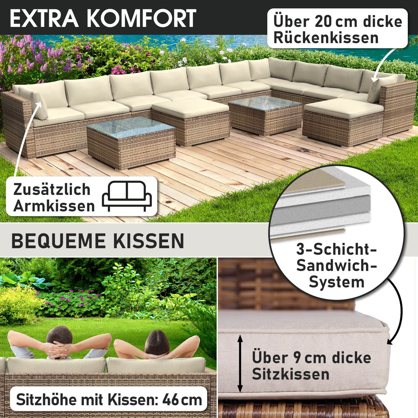Braunes XXL Polyrattan Loungemöbel Set mit beigen, dicken Sitz- und Rückenkissen, Garten Lounge Möbel.
