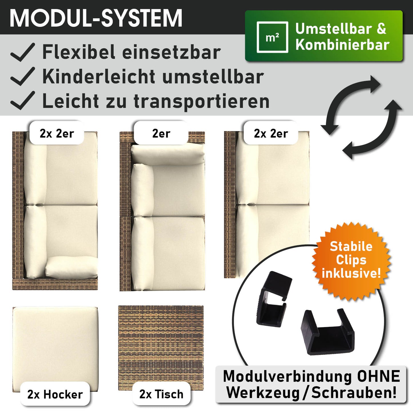 Braunes XXL Polyrattan Loungemöbel Set mit modularen Sitzelementen, Hockern und Tischen, flexibel kombinierbar als Lounge.