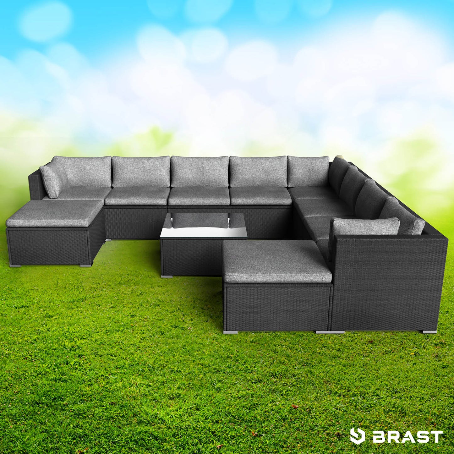 XXL Polyrattan Loungemöbel Set in Schwarz mit gemütlichen grauen Polstern, Lounge Gartenmöbel für große Terrassen, modernes.