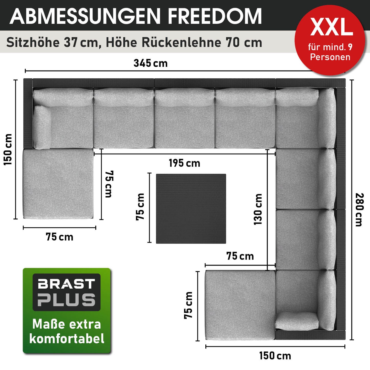 XXL schwarzes Polyrattan Loungemöbel Set mit großzügigen Maßen, bequem für Garten Lounge Möbel.