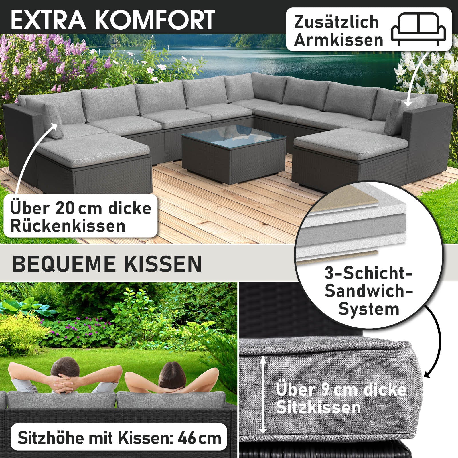 XXL Polyrattan Lounge Gartenmöbel Set schwarz mit grauen, extra dicken Sitz- und Rückenkissen.