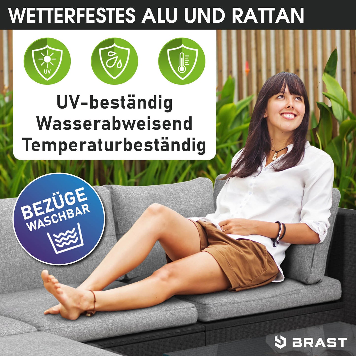 XXL schwarze Polyrattan Lounge Gartenmöbel mit grauen Kissen, wetterfestes Loungemöbel Set.