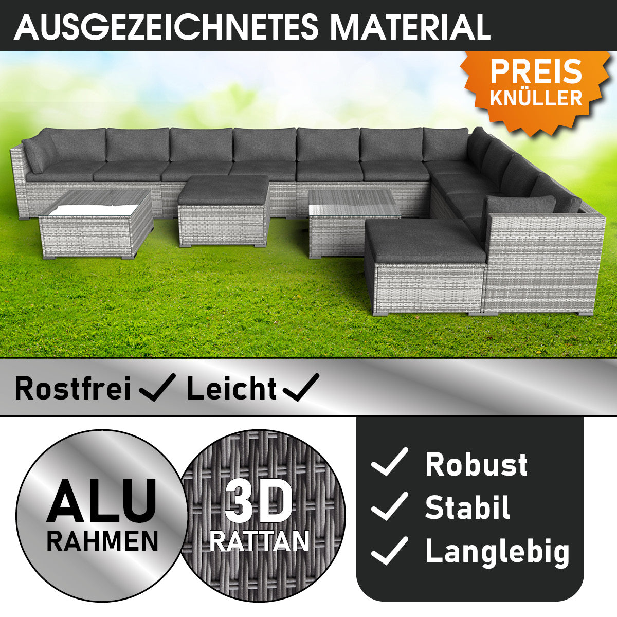 XXL Polyrattan Gartenlounge DREAMS grau