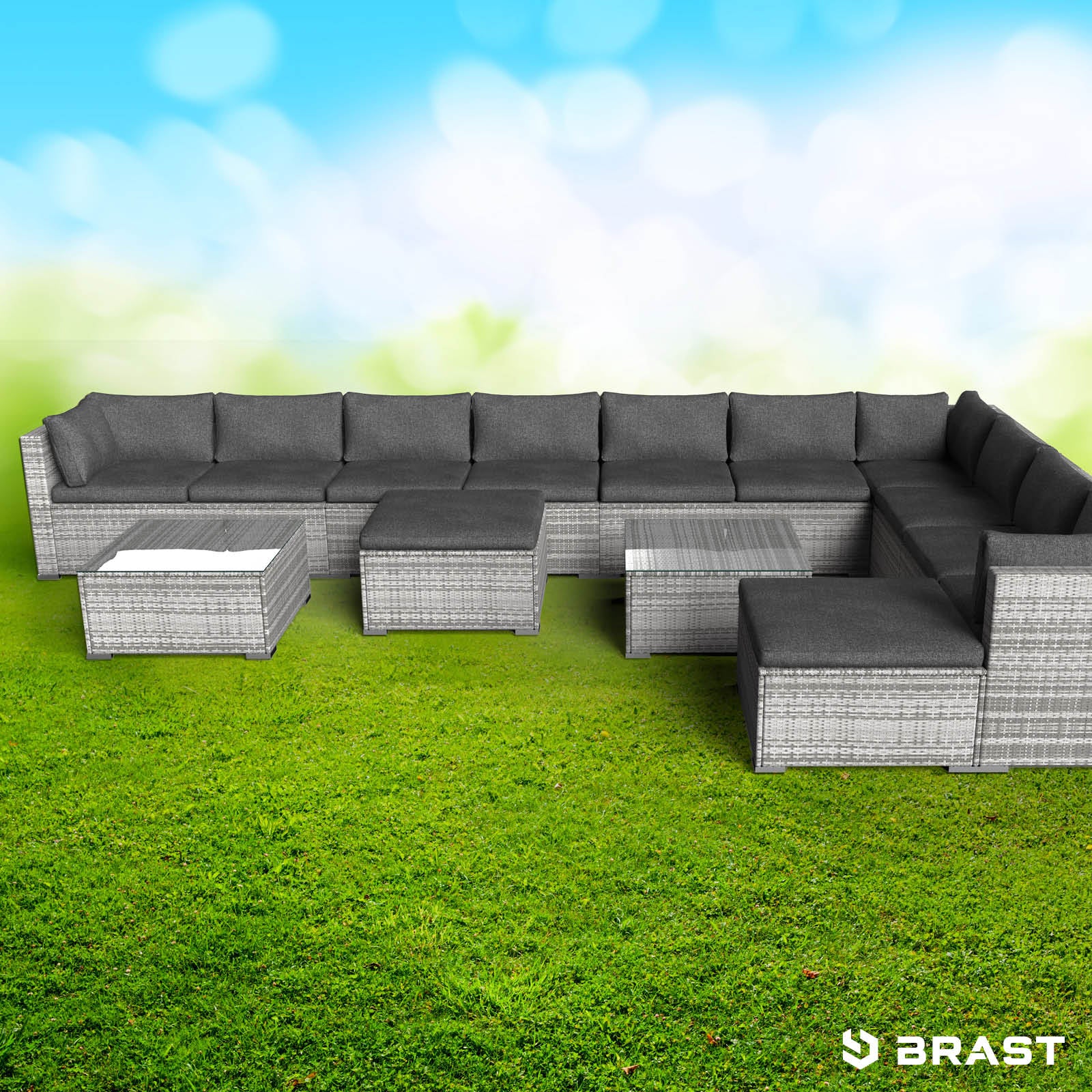 XXL graue Polyrattan Lounge Gartenmöbel mit modularen Elementen und zwei passenden Tischen, Loungemöbel Set.