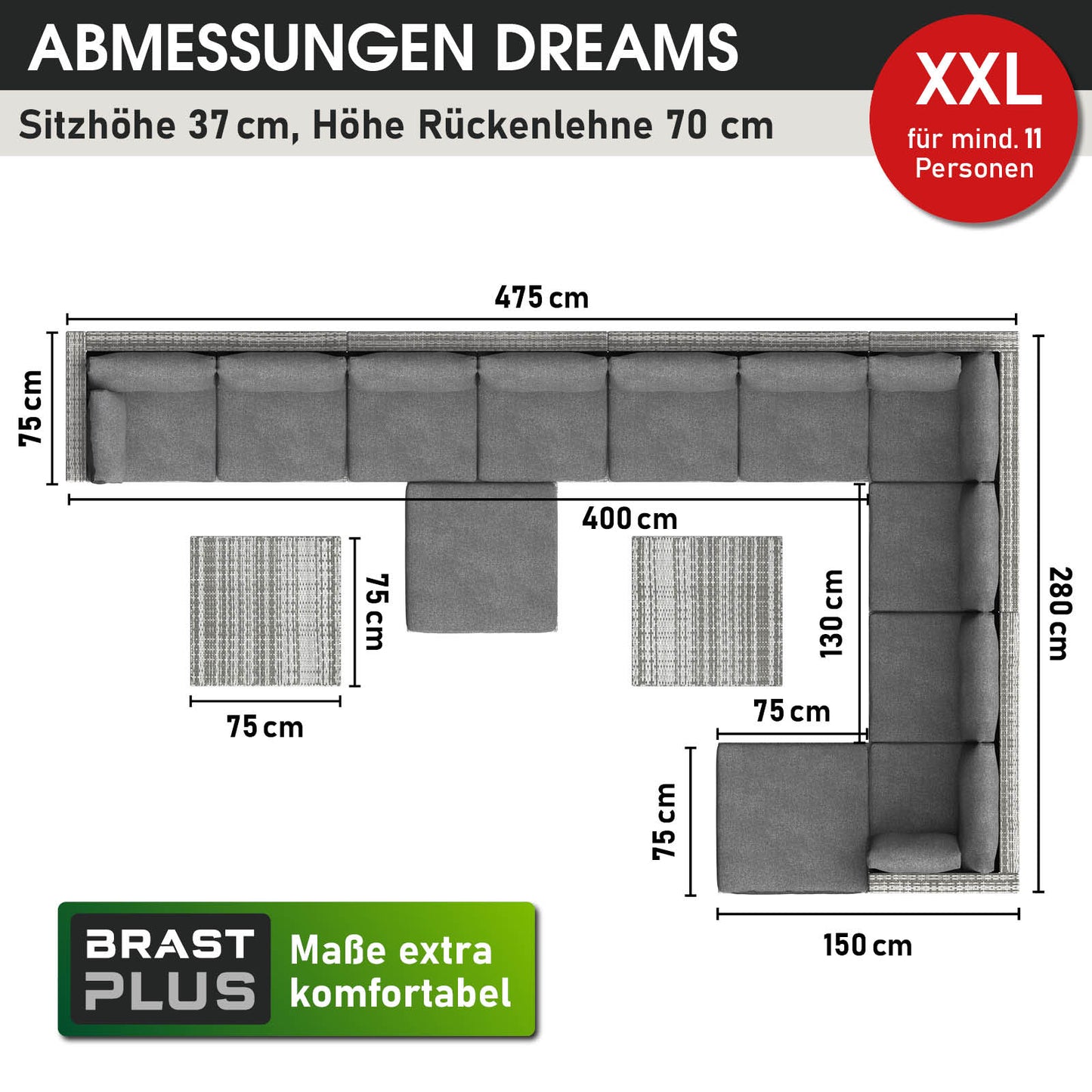 Graues XXL Polyrattan Lounge Gartenmöbel Set mit großzügigen Sitzflächen, Loungemöbel für mindestens 11 Personen.