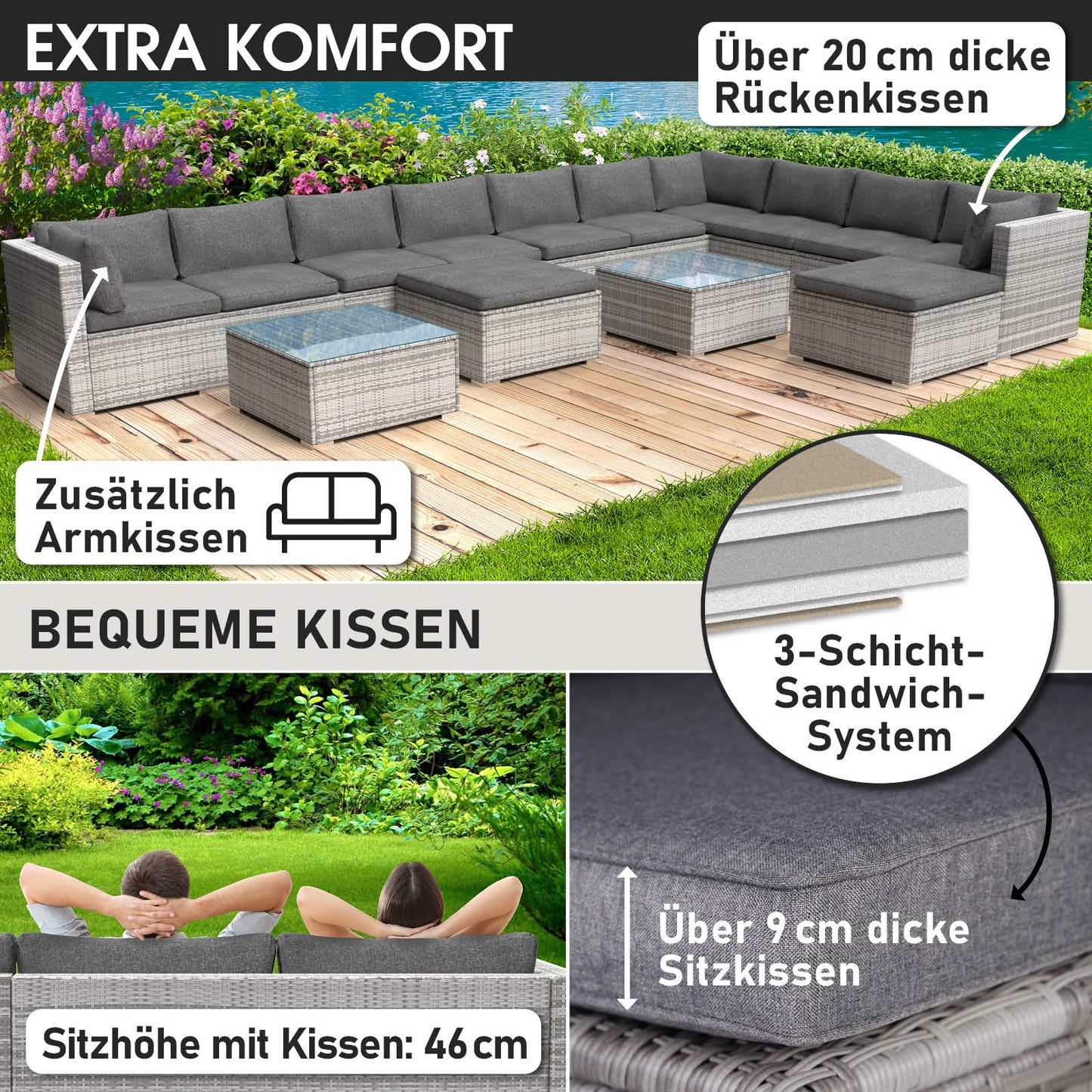 Großes graues XXL Polyrattan Lounge Gartenmöbel Set mit dick gepolsterten Sitzen und Rückenkissen.