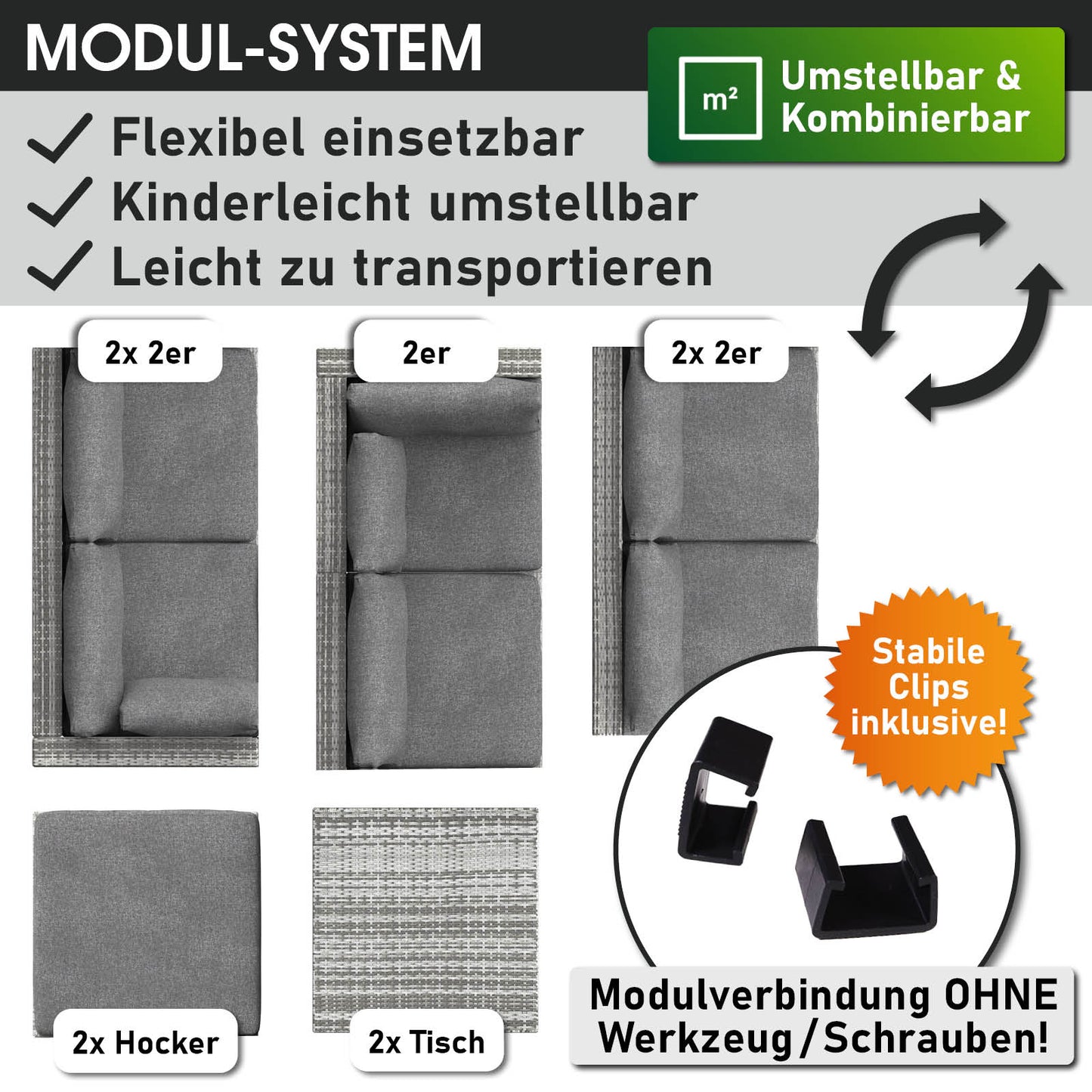 Graues XXL Polyrattan Loungemöbel Set mit flexiblen, modularen Garten Lounge Möbeln und stabilen Clips.