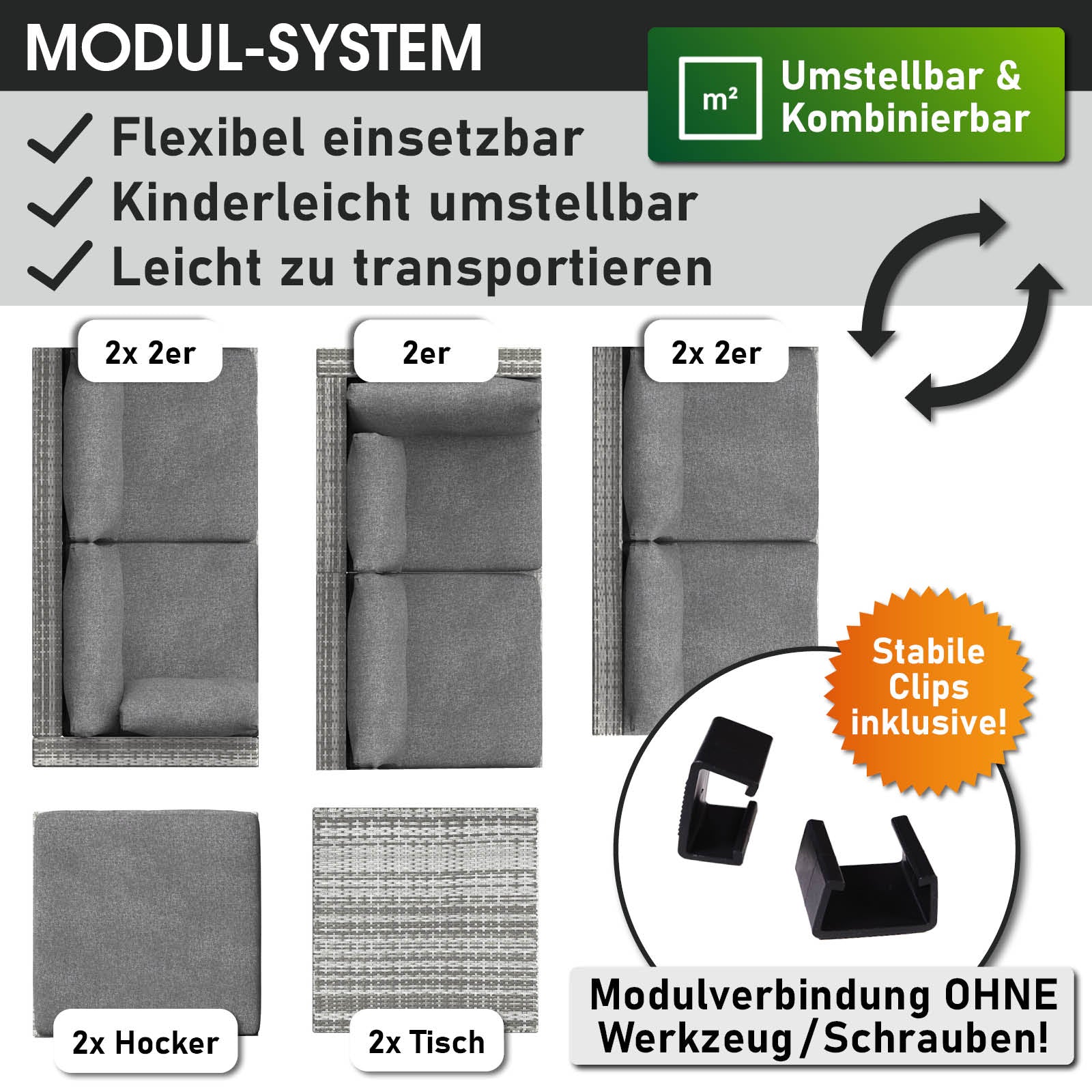 Graues XXL Polyrattan Loungemöbel Set mit flexiblen, modularen Garten Lounge Möbeln und stabilen Clips.