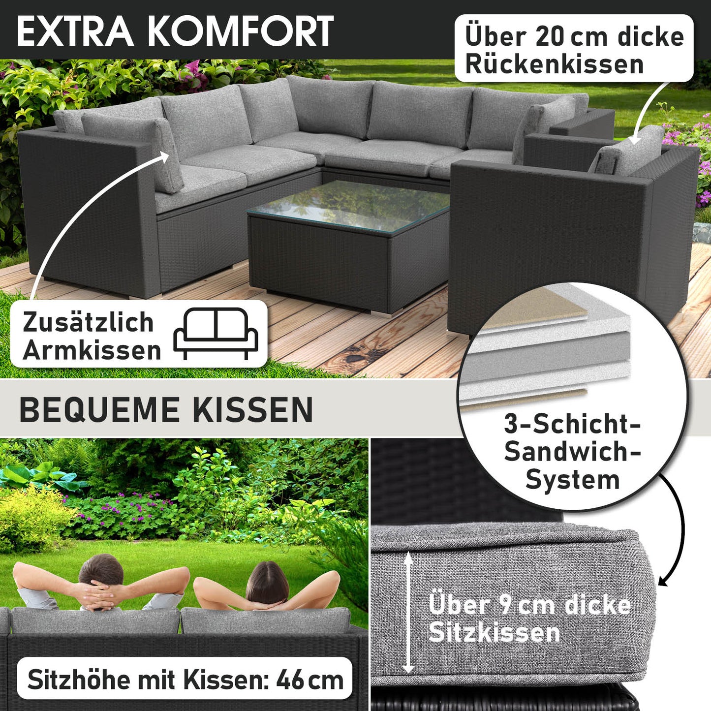 Schwarzes Polyrattan Loungemöbel Set mit grauen, dicken Sitz- und Rückenkissen, Garten Lounge Möbel.