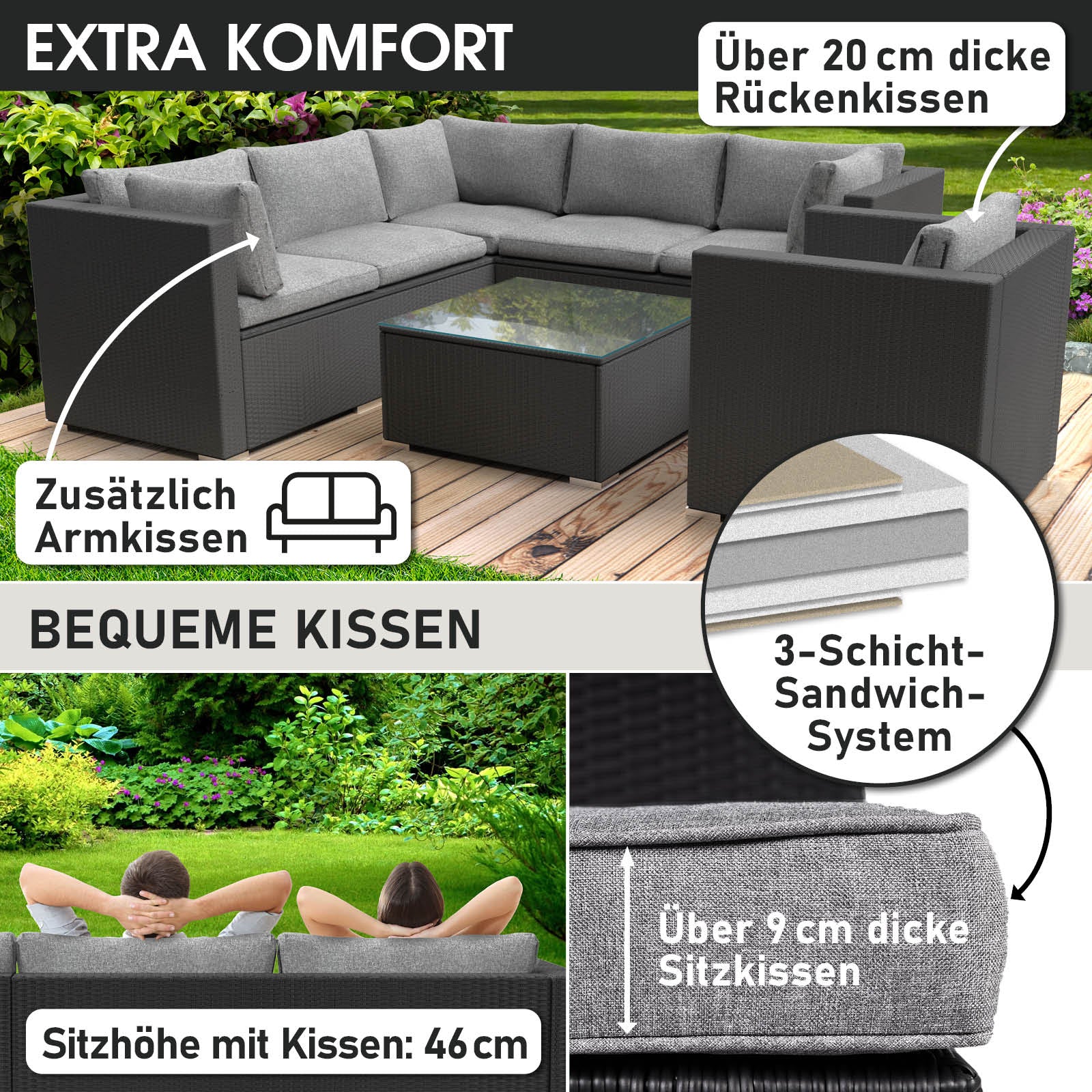 Schwarzes Polyrattan Loungemöbel Set mit grauen, dicken Sitz- und Rückenkissen, Garten Lounge Möbel.