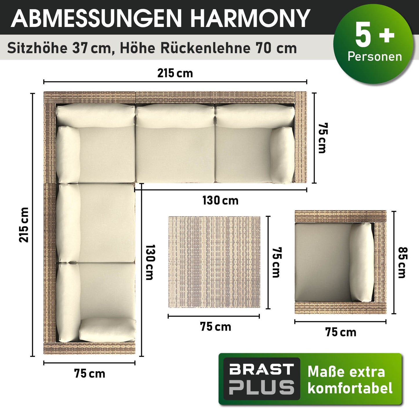 Braunes Polyrattan Lounge Set mit Ecksofa, Hocker und quadratischem Tisch, Loungemöbel Set für 5+ Personen, Garten Lounge.