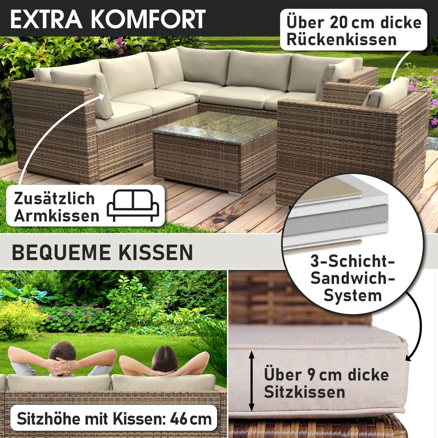 Braunes Polyrattan Lounge Set mit komfortablen, dicken Sitz- und Rücken cushions, loungemöbel garten lounge möbel.
