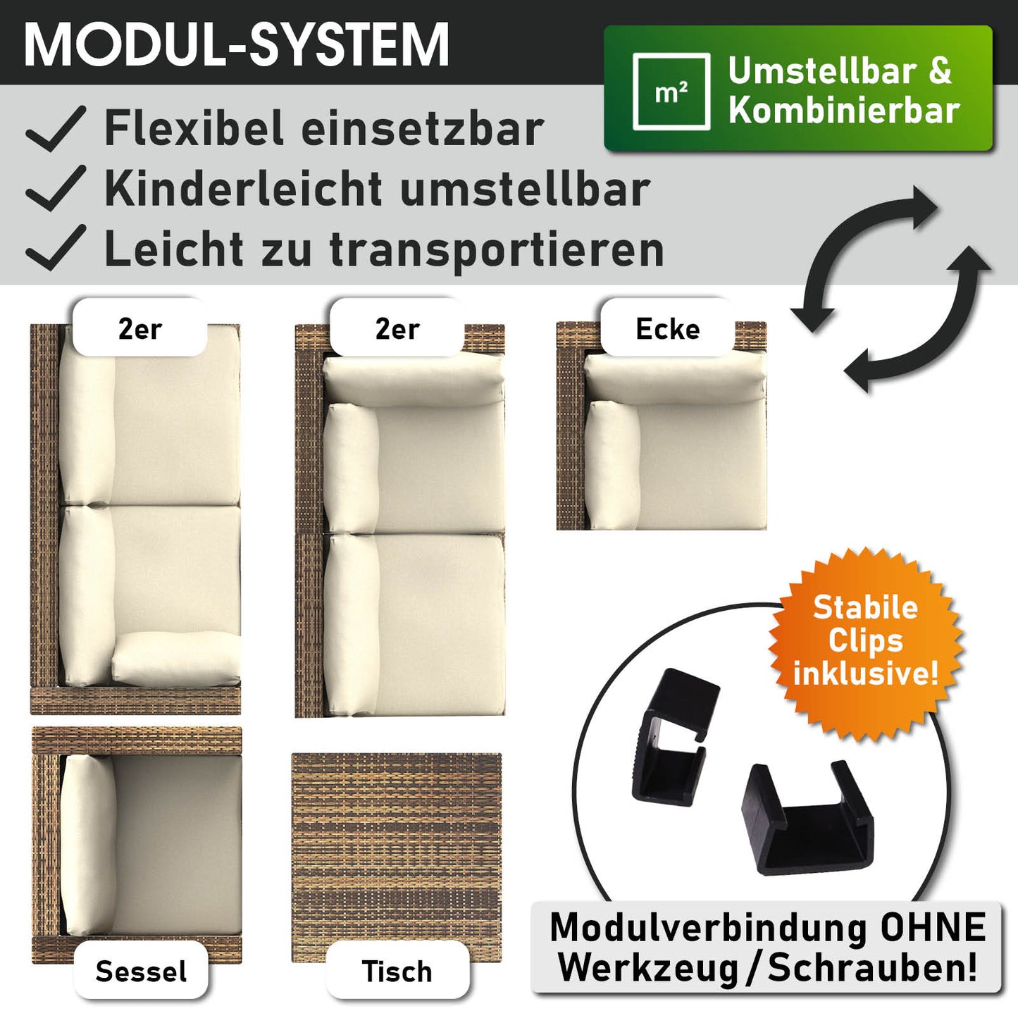 Braunes Polyrattan Loungemöbel Set mit modularen Elementen, flexible Garten Lounge Möbel, bequem gepolstert, Rattan Lounge,.