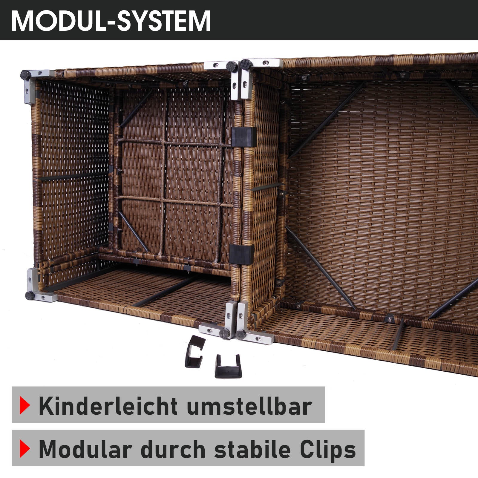 Braunes Polyrattan Loungemöbel Set mit modularen Elementen und robusten Clips für Garten Lounge Möbel.