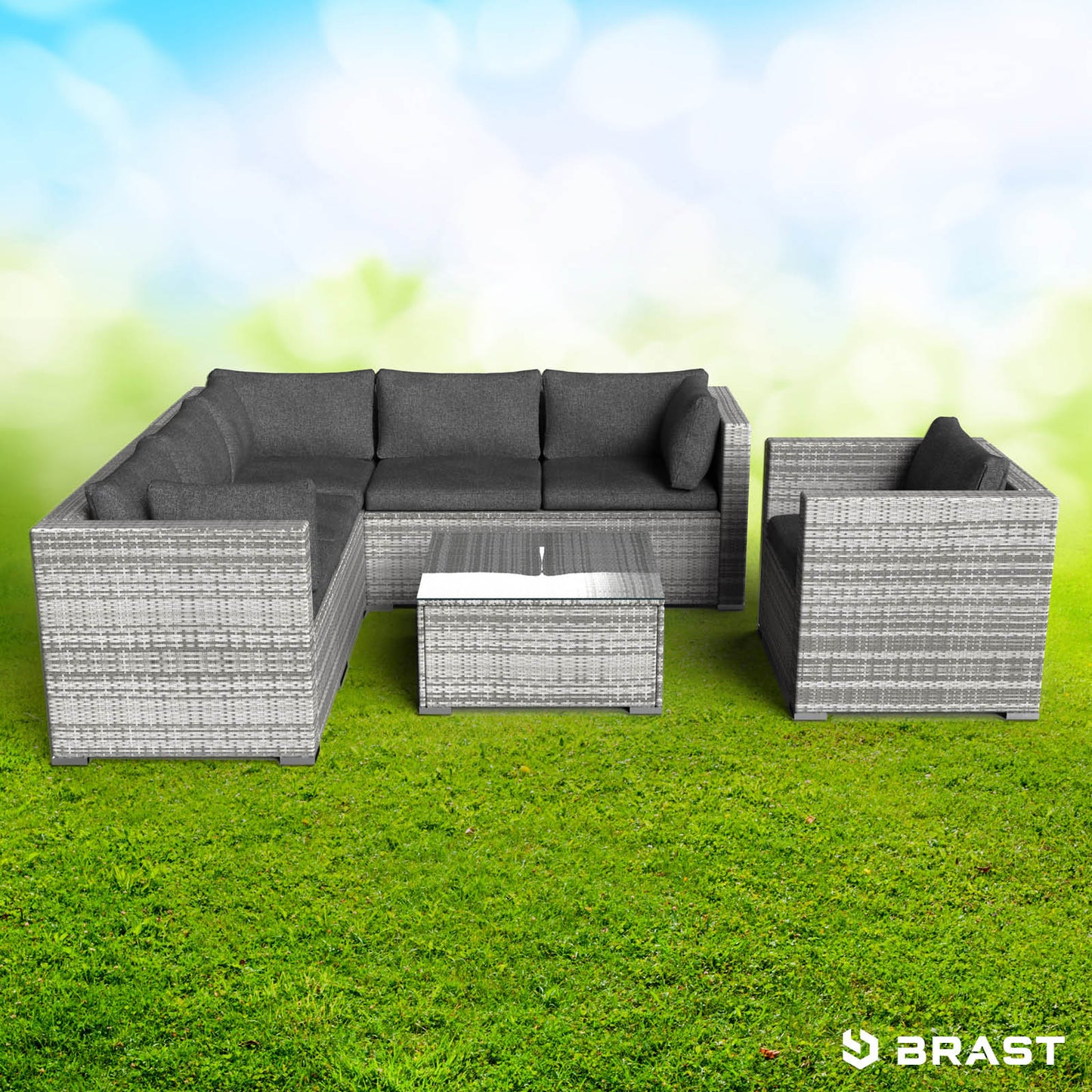 Graues Polyrattan Lounge Set HARMONY mit Ecksofa und Sessel, modernes loungemöbel set für garten lounge möbel.